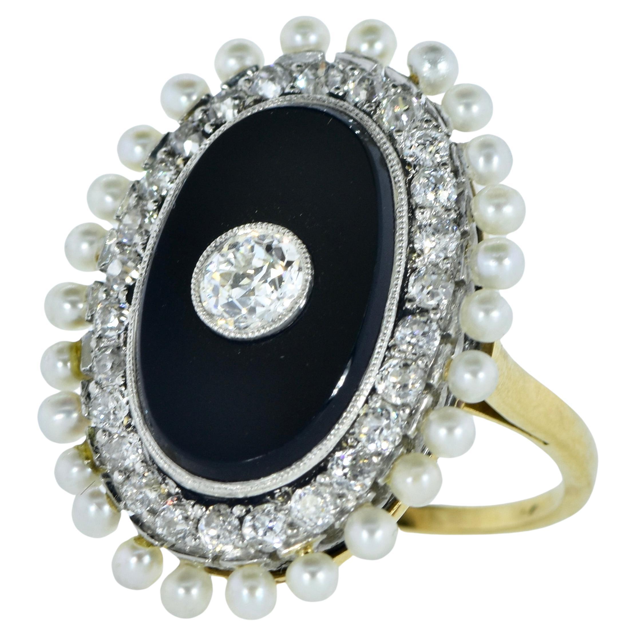 Antique Onyx, Diamond & Natural Oriental Pearl in Platinum and Gold Ring c. 1900 For Sale