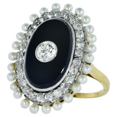 Antique Onyx, Diamond & Natural Oriental Pearl in Platinum and Gold Ring c. 1900