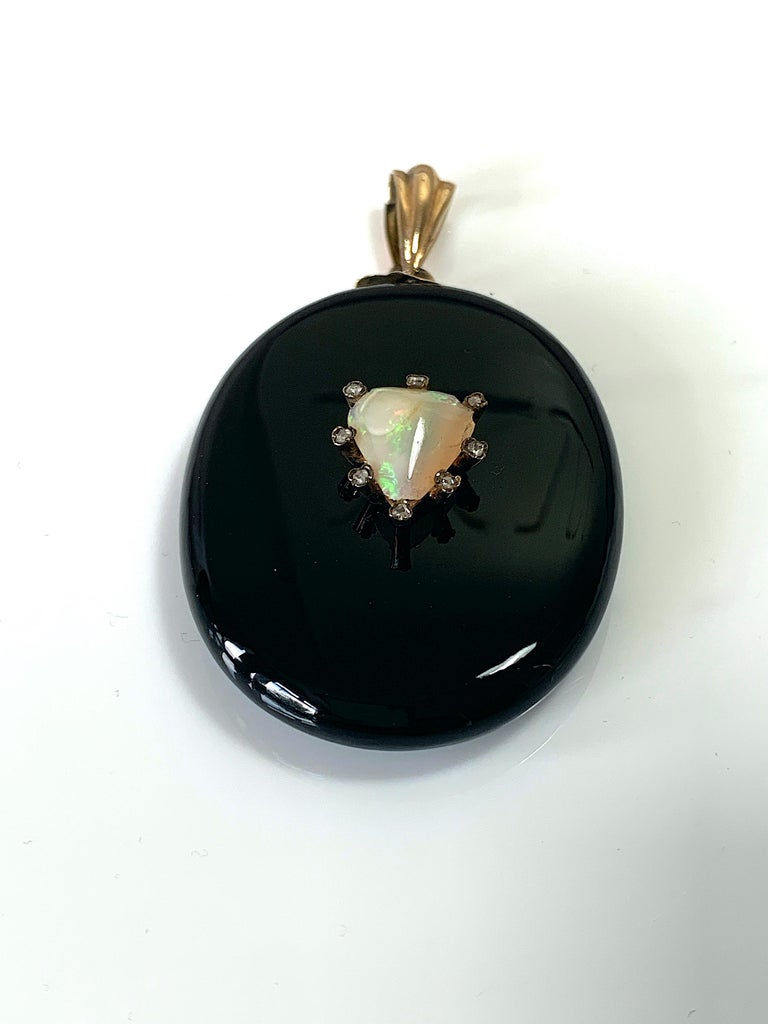Edwardian Antique Onyx, Diamond & Opal Mourning Locket For Sale