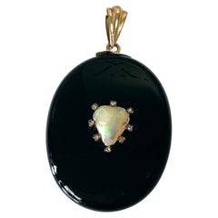 Antikes Mourning-Medaillon aus Onyx, Diamant und Opal