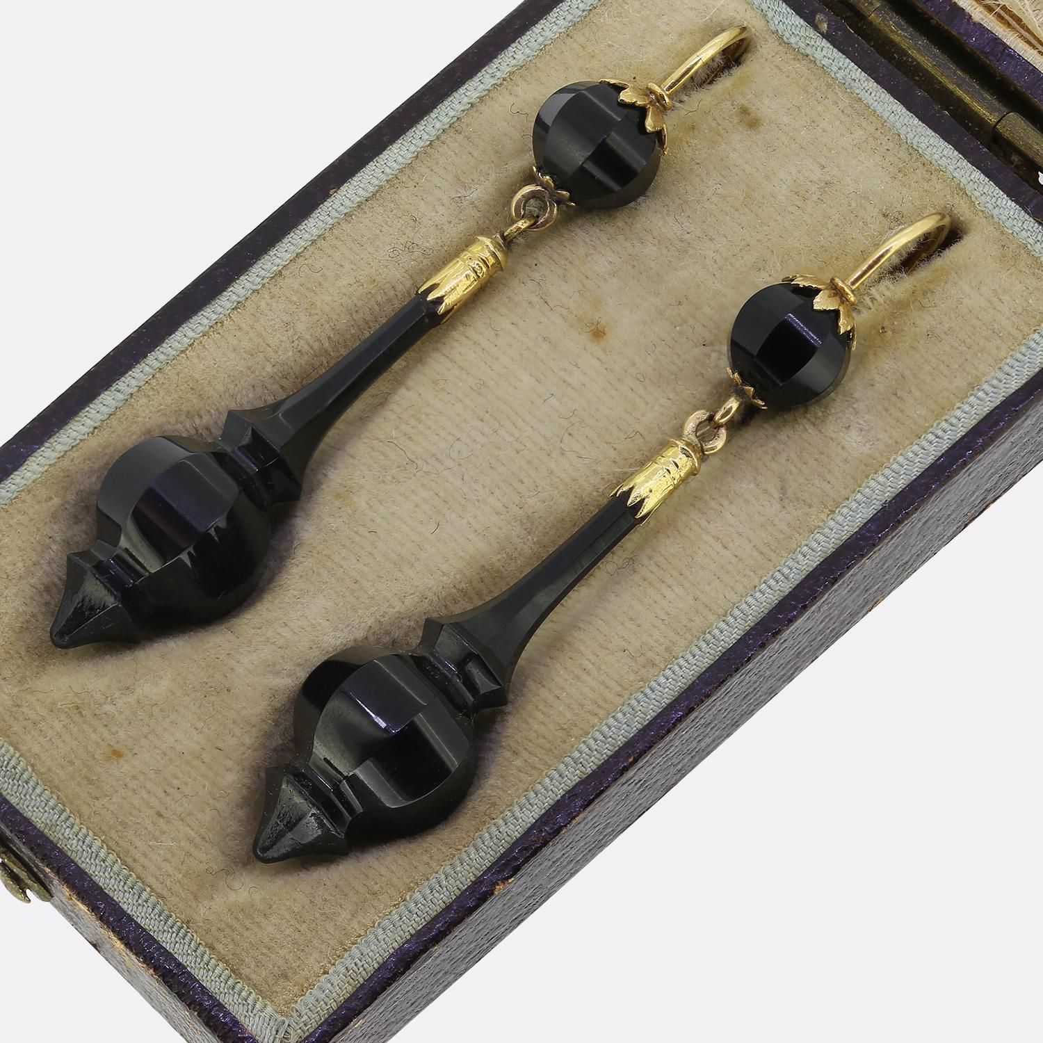 Old Mine Cut Antique Onyx Drop Earrings For Sale