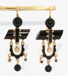 Antique, Onyx Gold Stud Earrings with Black Enamel