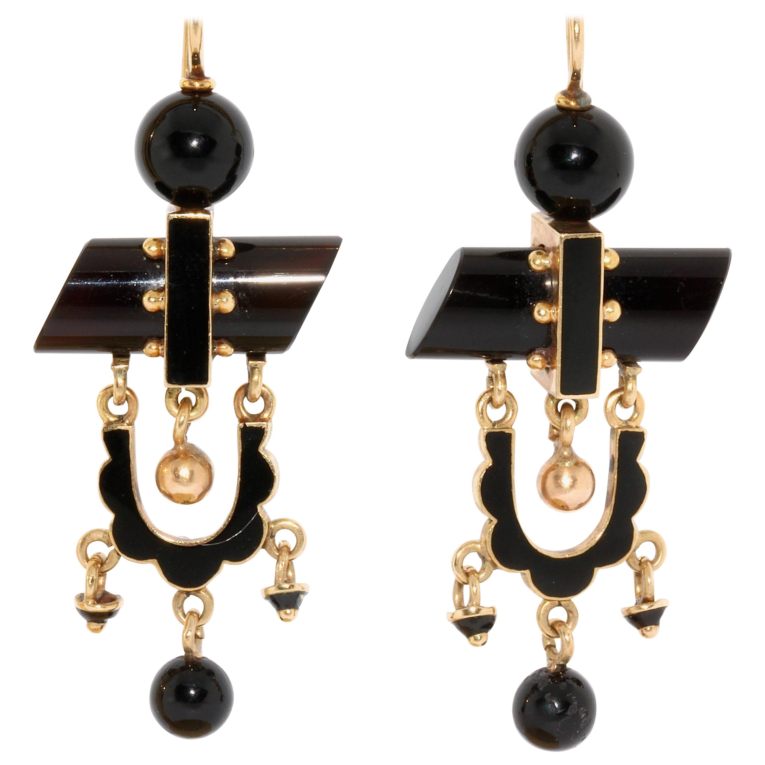 Antique, Onyx Gold Stud Earrings with Black Enamel