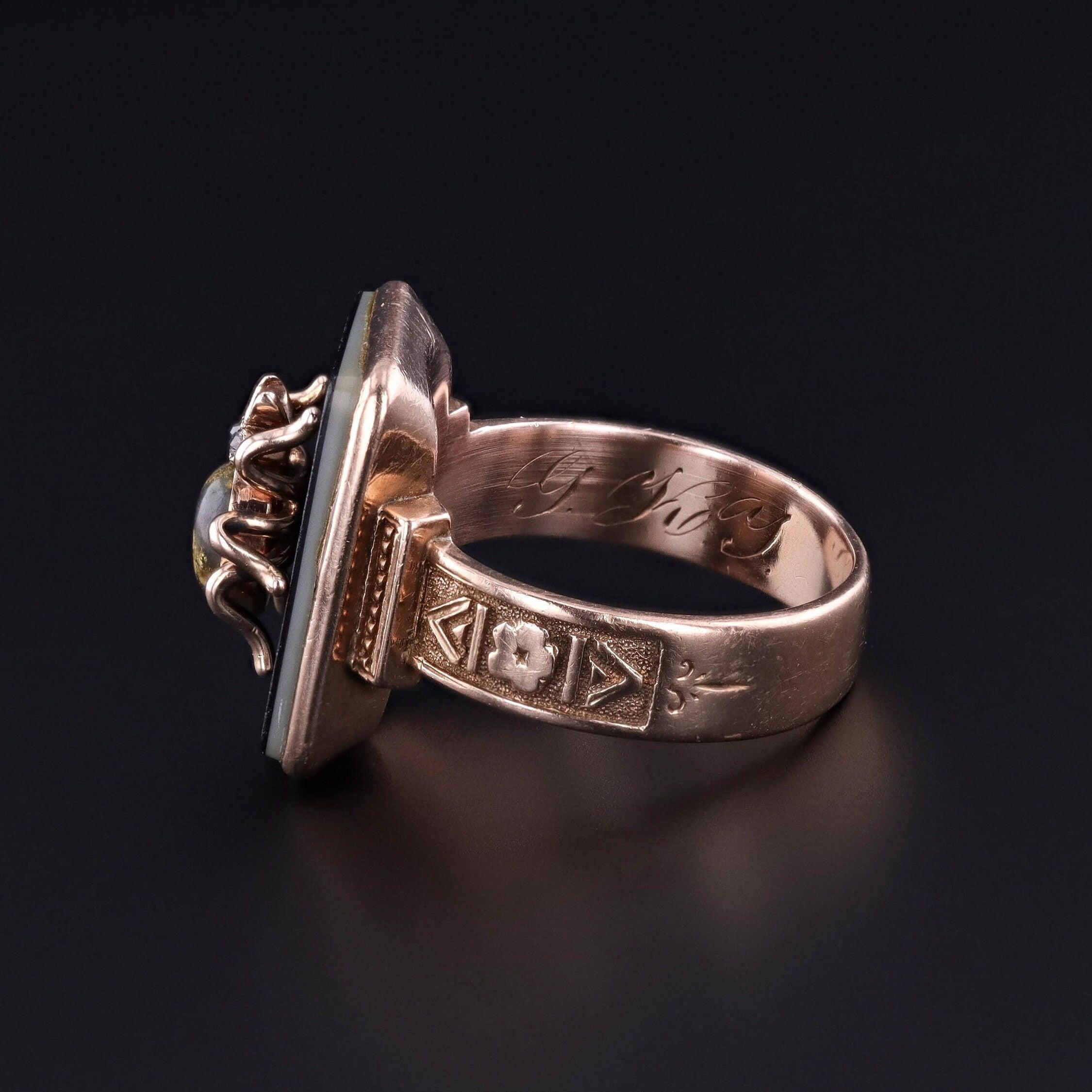 Square Cut Antique Onyx Insect Ring of 10k Gold For Sale