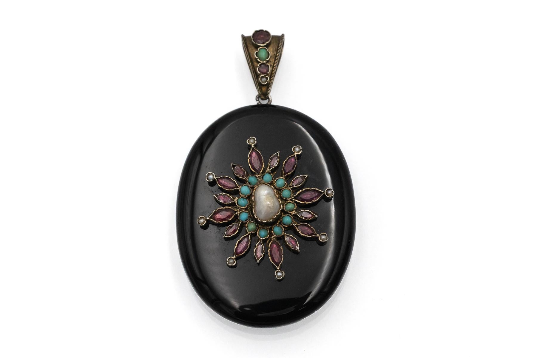 Belle Époque Antique onyx locket with pearls, garnets, and turquoises. For Sale