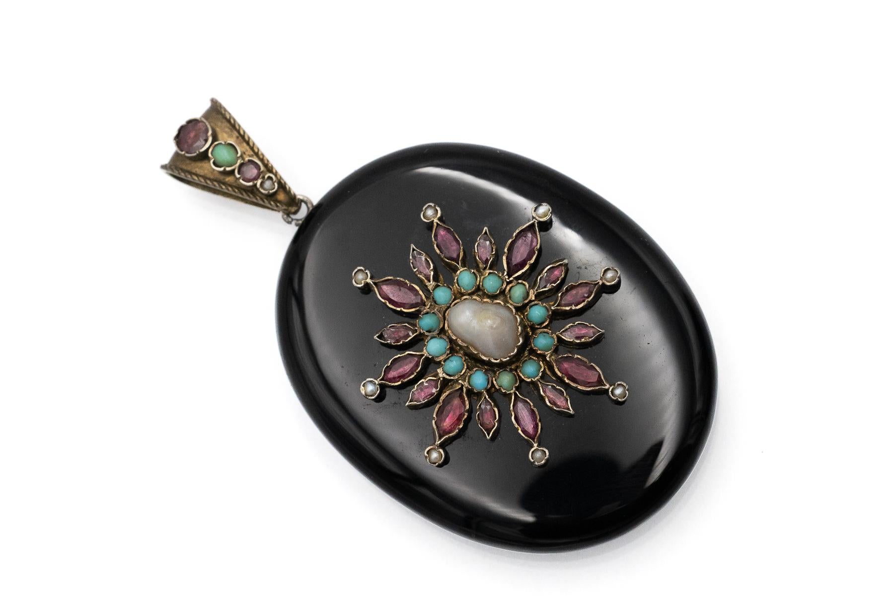 Bead Antique onyx locket with pearls, garnets, and turquoises. For Sale