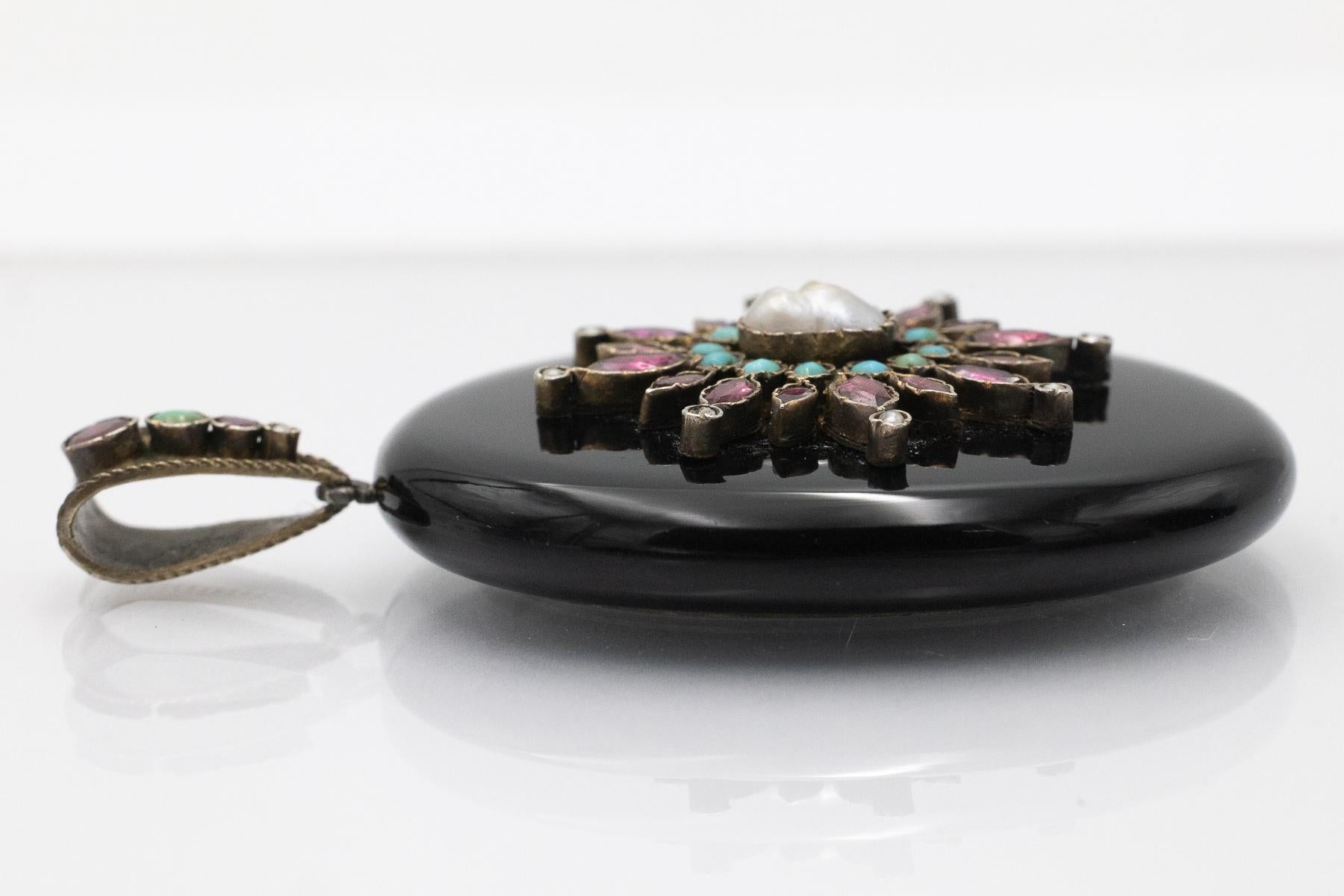 Women's or Men's Antique onyx locket with pearls, garnets, and turquoises. For Sale