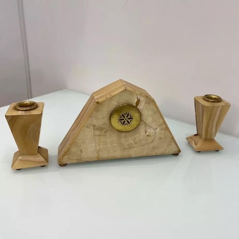 European Antique Onyx Marble Art Deco Mantel Clock With Candle Holders For Sale