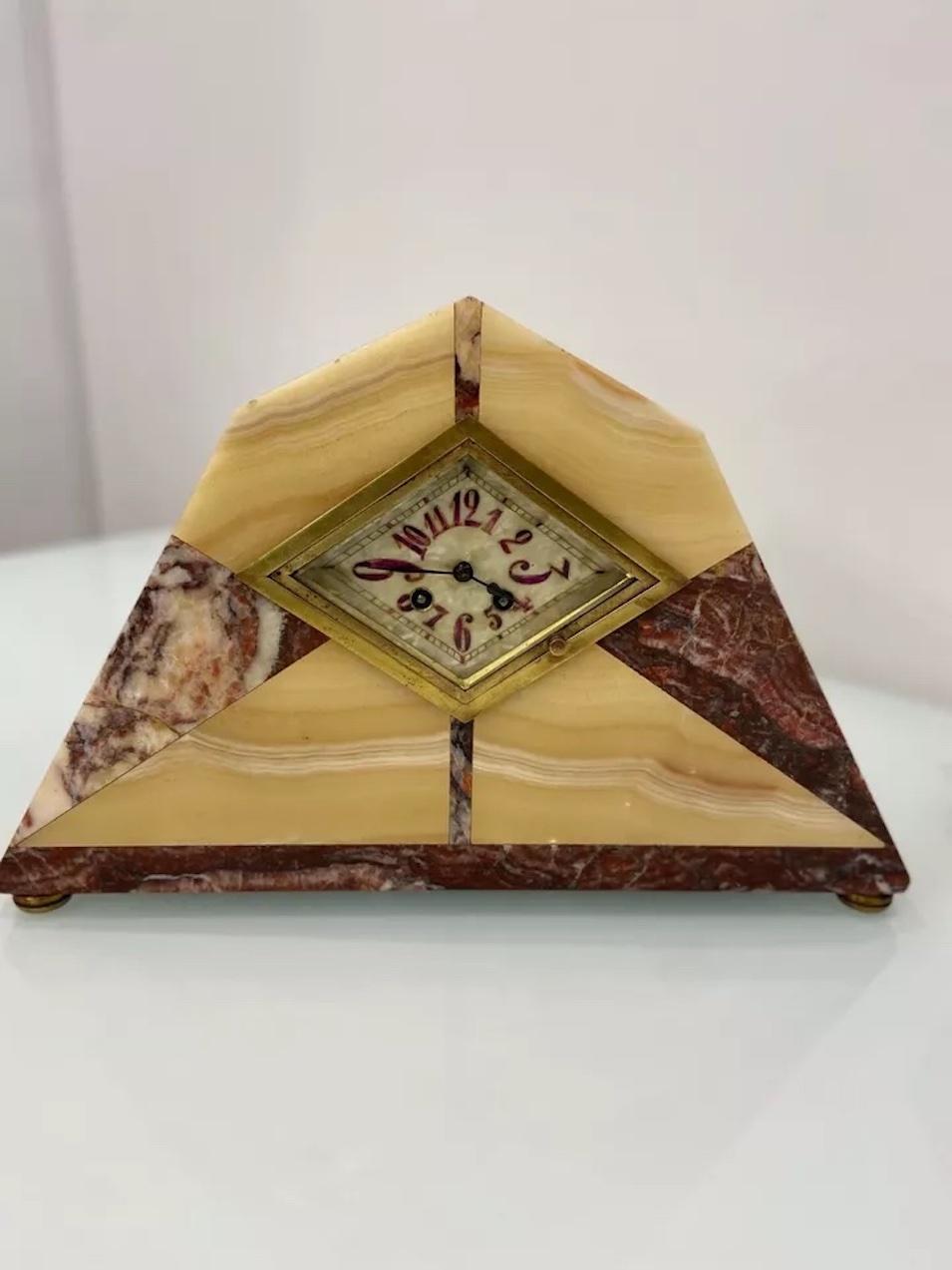 20th Century Antique Onyx Marble Art Deco Mantel Clock With Candle Holders For Sale