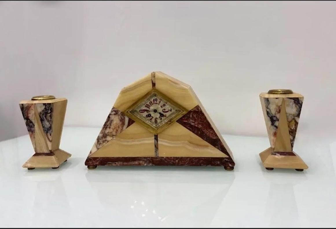 Antique Onyx Marble Art Deco Mantel Clock With Candle Holders For Sale 1