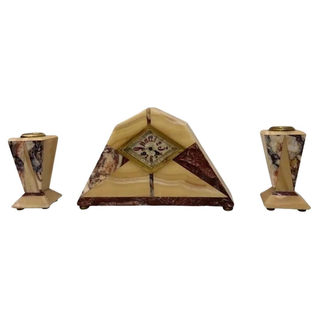 Antique Onyx Marble Art Deco Mantel Clock With Candle Holders For Sale