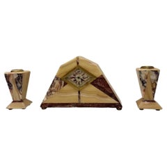 Antique Onyx Marble Art Deco Mantel Clock With Candle Holders