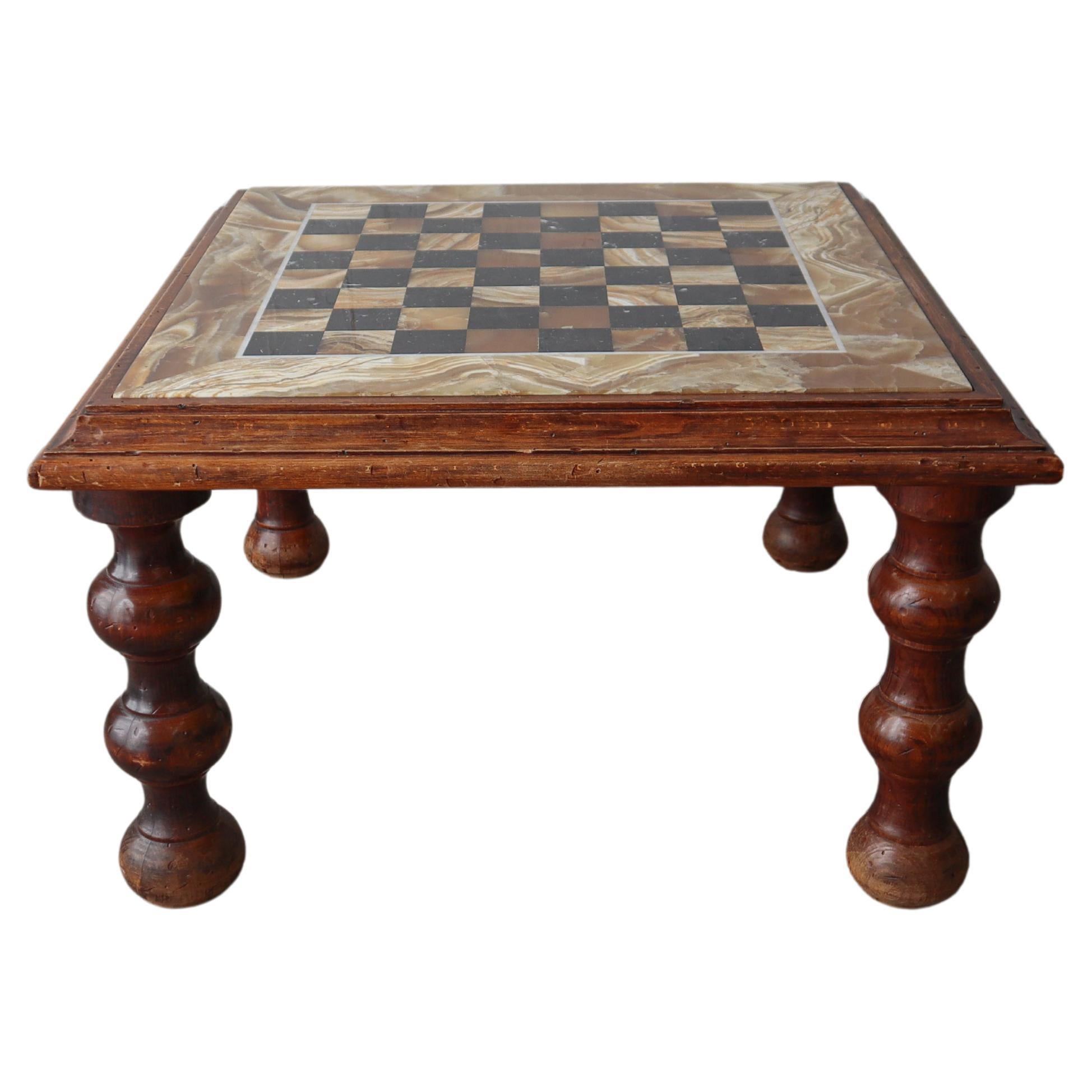 Antique Onyx & Marble Chess Checkerboard Game Coffee Table For Sale