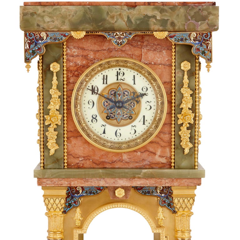 Antique Onyx, Marble, Gilt Bronze and Cloisonné Enamel Longcase Clock