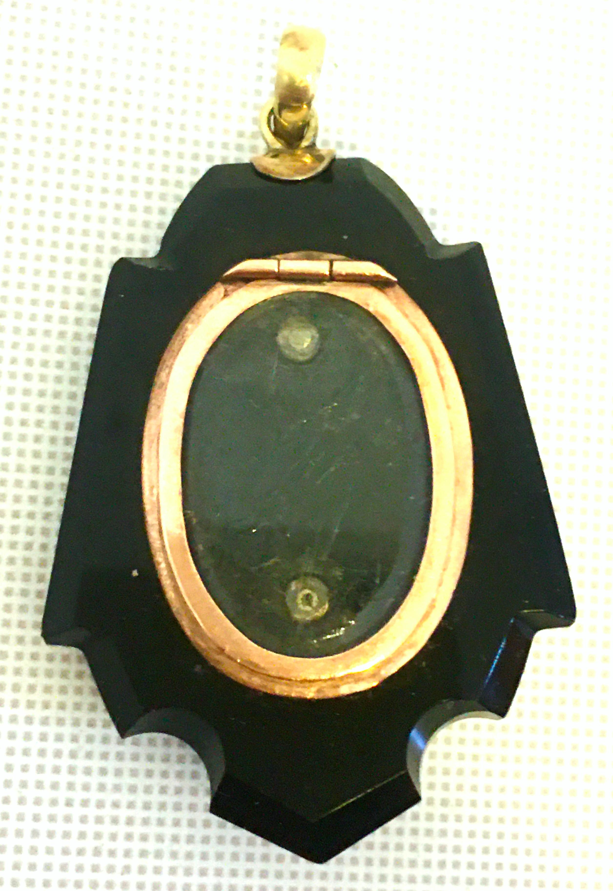 Antique  Onyx, Semi Precious Stone & 12K Gold Mourning Locket Necklace Pendant 6