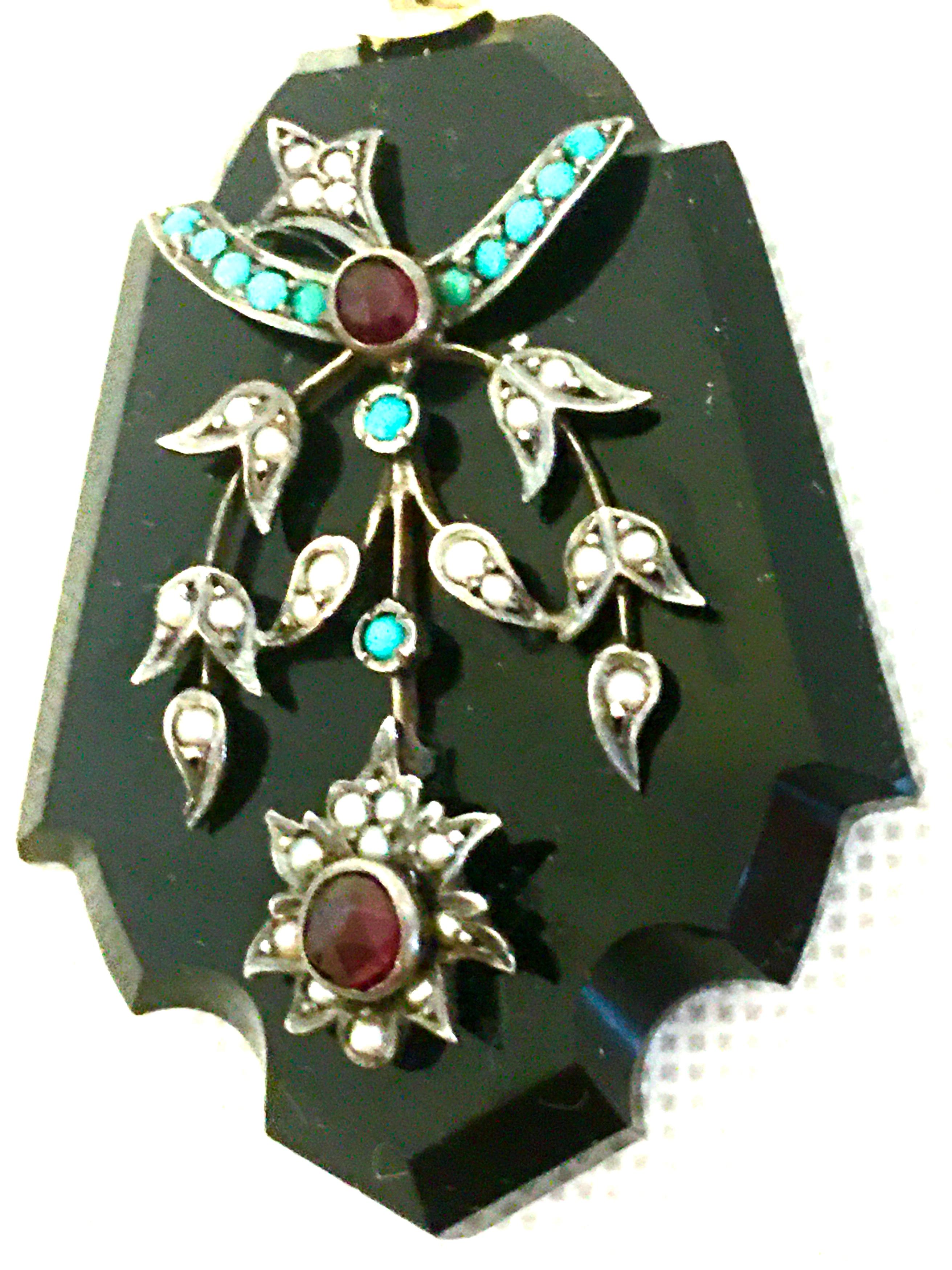 Antique  Onyx, Semi Precious Stone & 12K Gold Mourning Locket Necklace Pendant 1