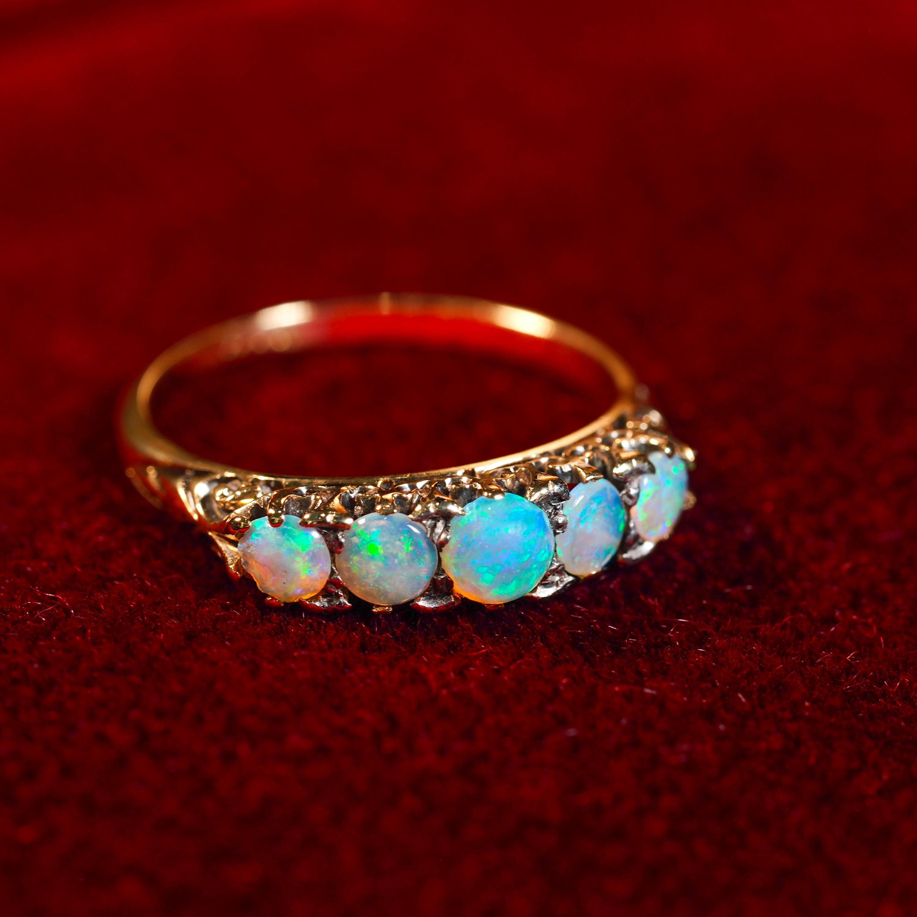 Antique Opal 14K Gold Ring with 5 Cabochons & Fleur-de-lis - Victorian c.1890 6