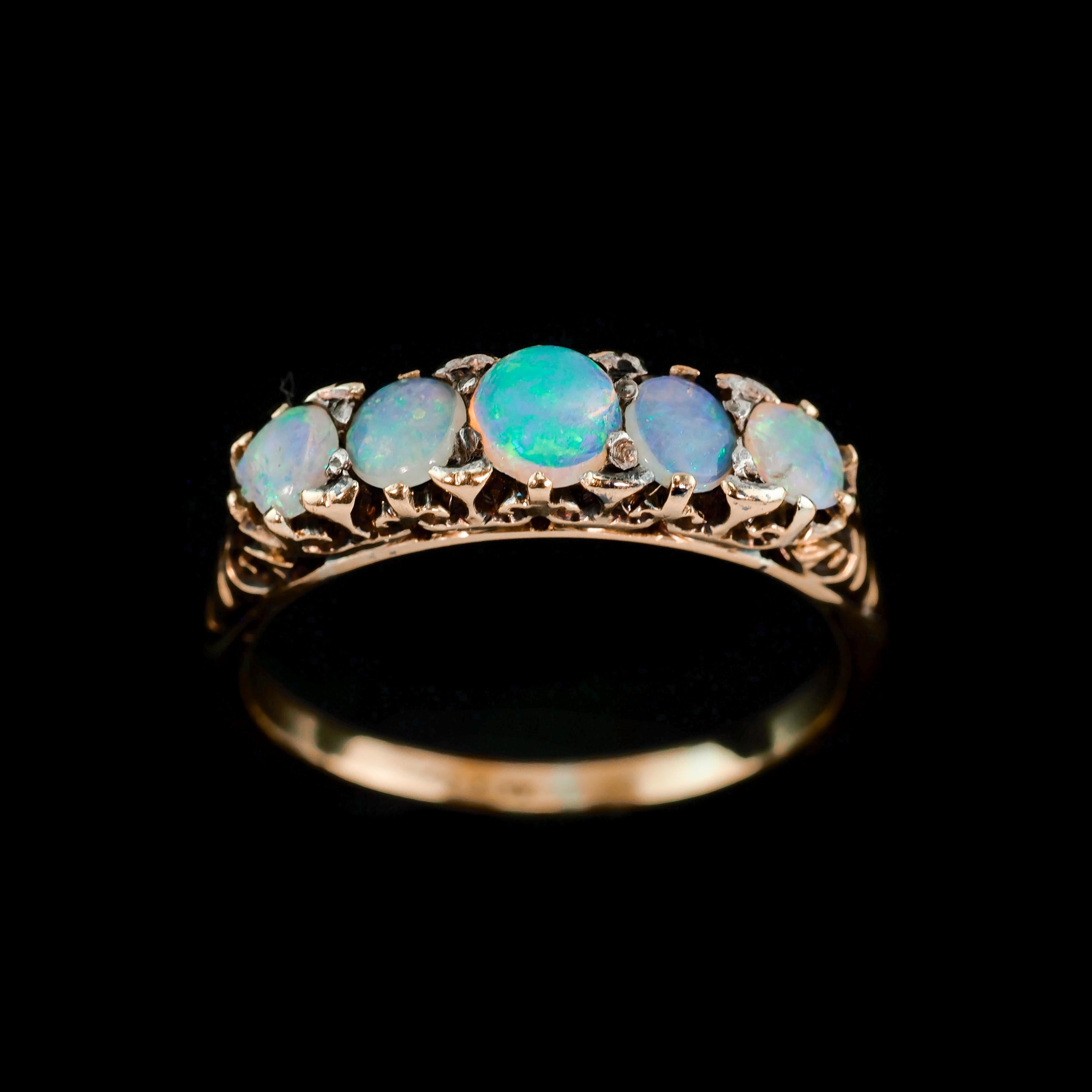Antique Opal 14K Gold Ring with 5 Cabochons & Fleur-de-lis - Victorian c.1890 7