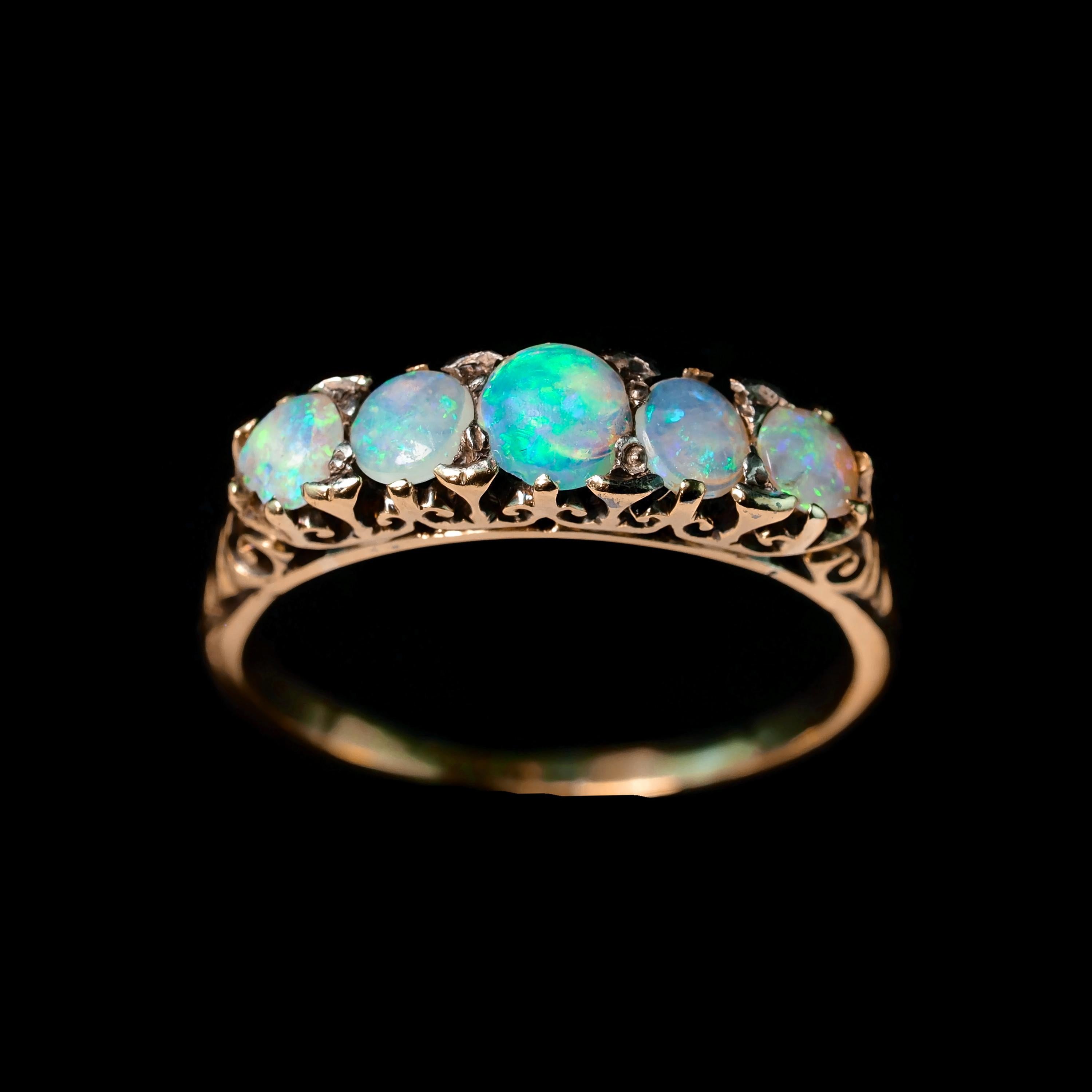 Antique Opal 14K Gold Ring with 5 Cabochons & Fleur-de-lis - Victorian c.1890 8