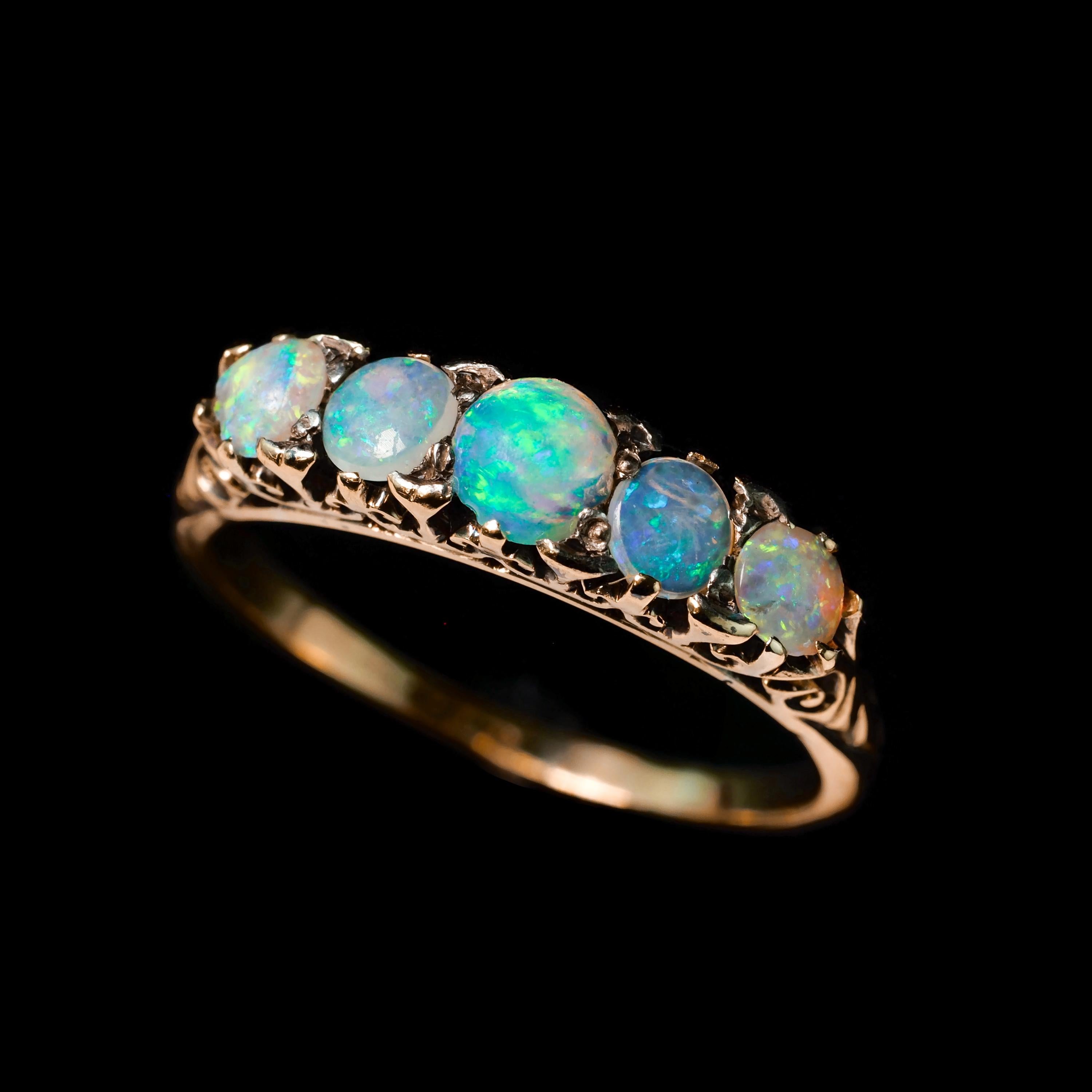 Antique Opal 14K Gold Ring with 5 Cabochons & Fleur-de-lis - Victorian c.1890 9