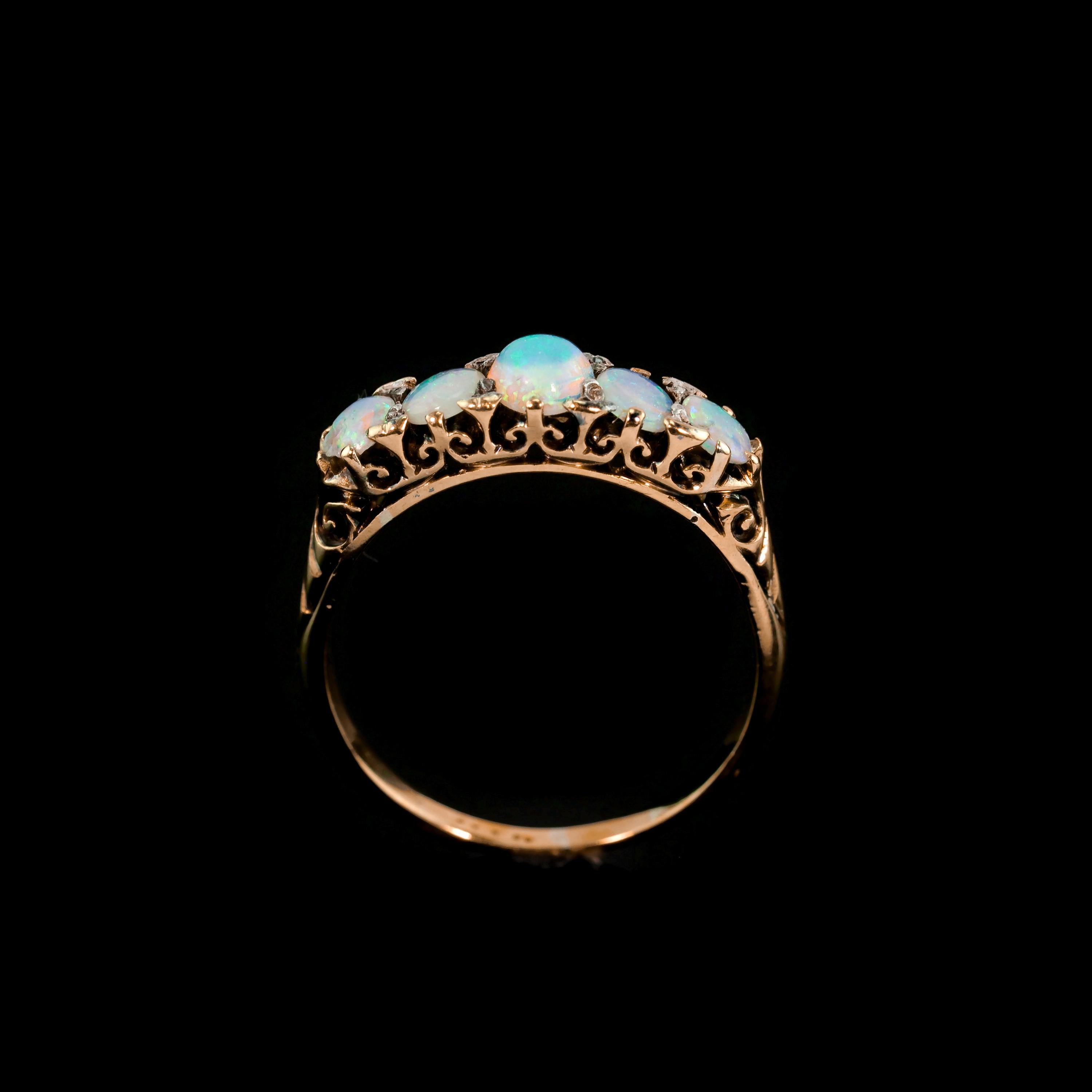Antique Opal 14K Gold Ring with 5 Cabochons & Fleur-de-lis - Victorian c.1890 11