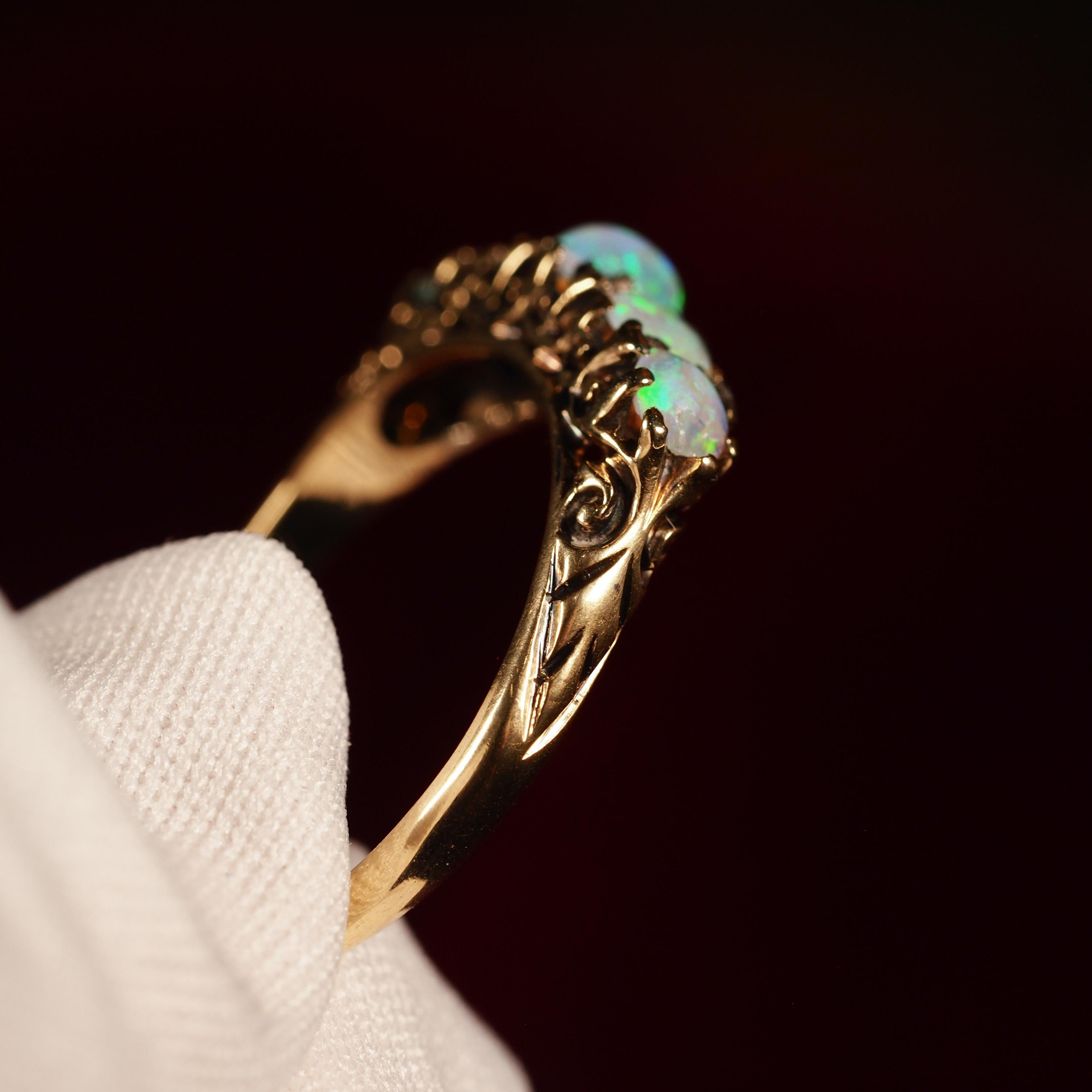 Antique Opal 14K Gold Ring with 5 Cabochons & Fleur-de-lis - Victorian c.1890 12