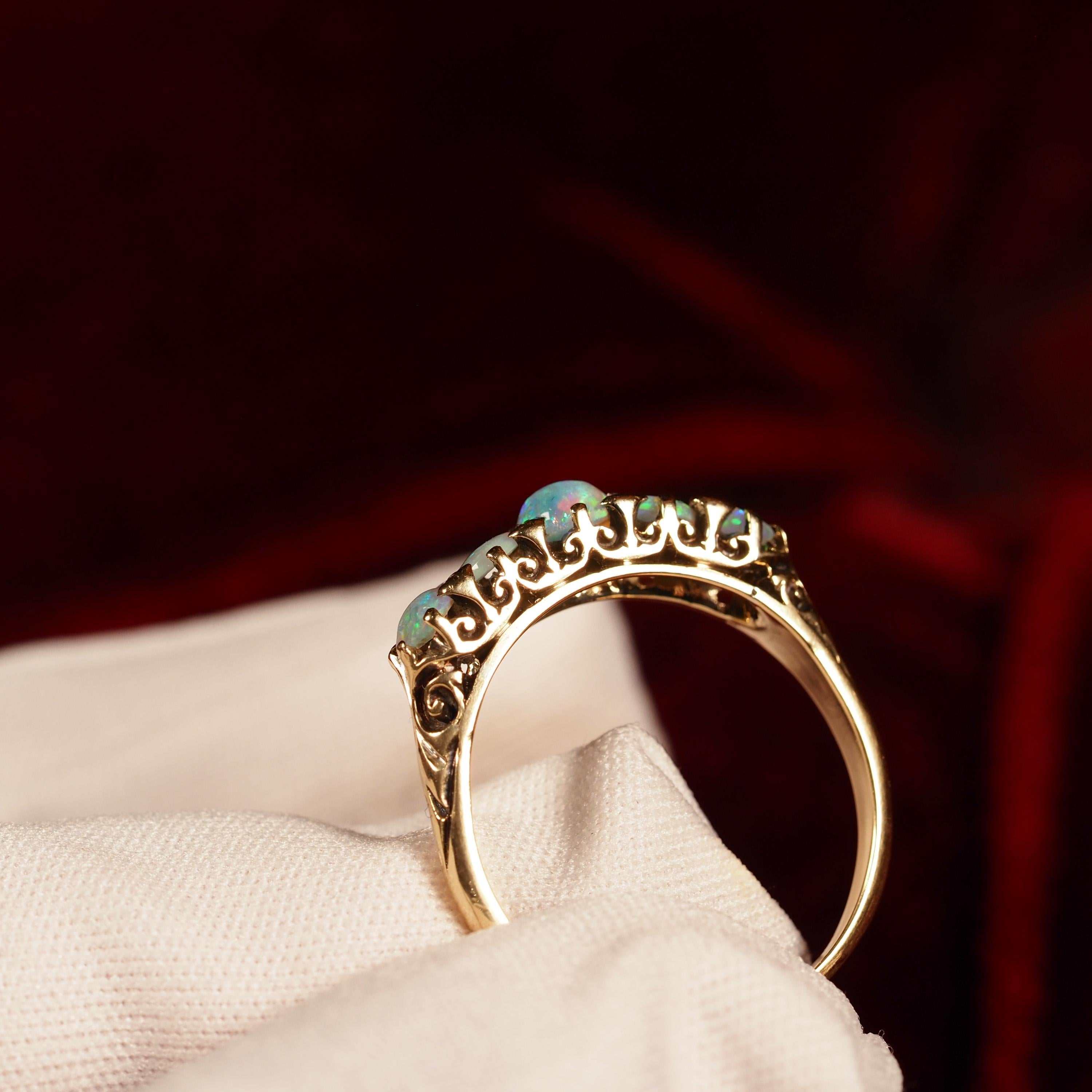 Antique Opal 14K Gold Ring with 5 Cabochons & Fleur-de-lis - Victorian c.1890 13