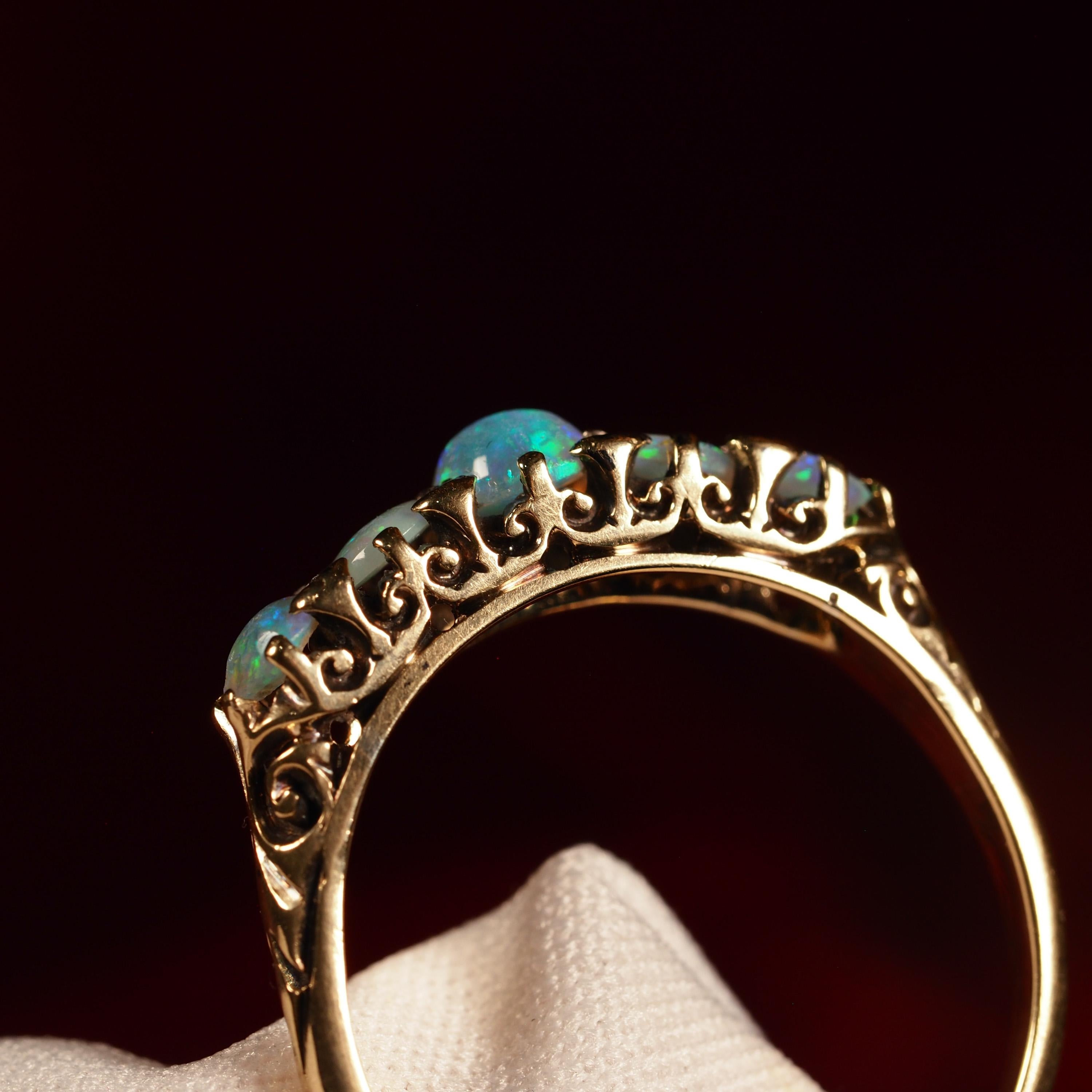 Women's or Men's Antique Opal 14K Gold Ring with 5 Cabochons & Fleur-de-lis - Victorian c.1890