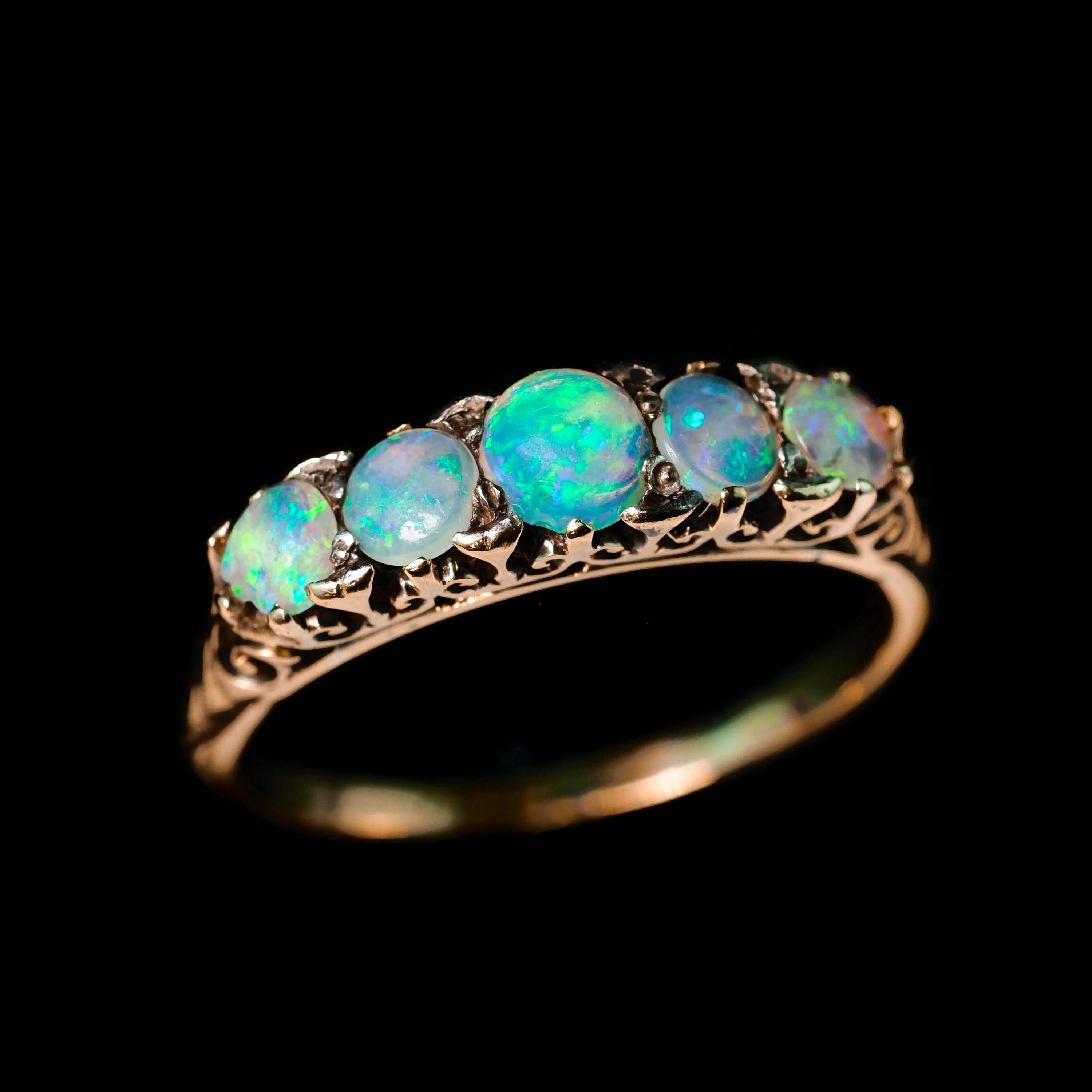 Antique Opal 14K Gold Ring with 5 Cabochons & Fleur-de-lis - Victorian c.1890 2