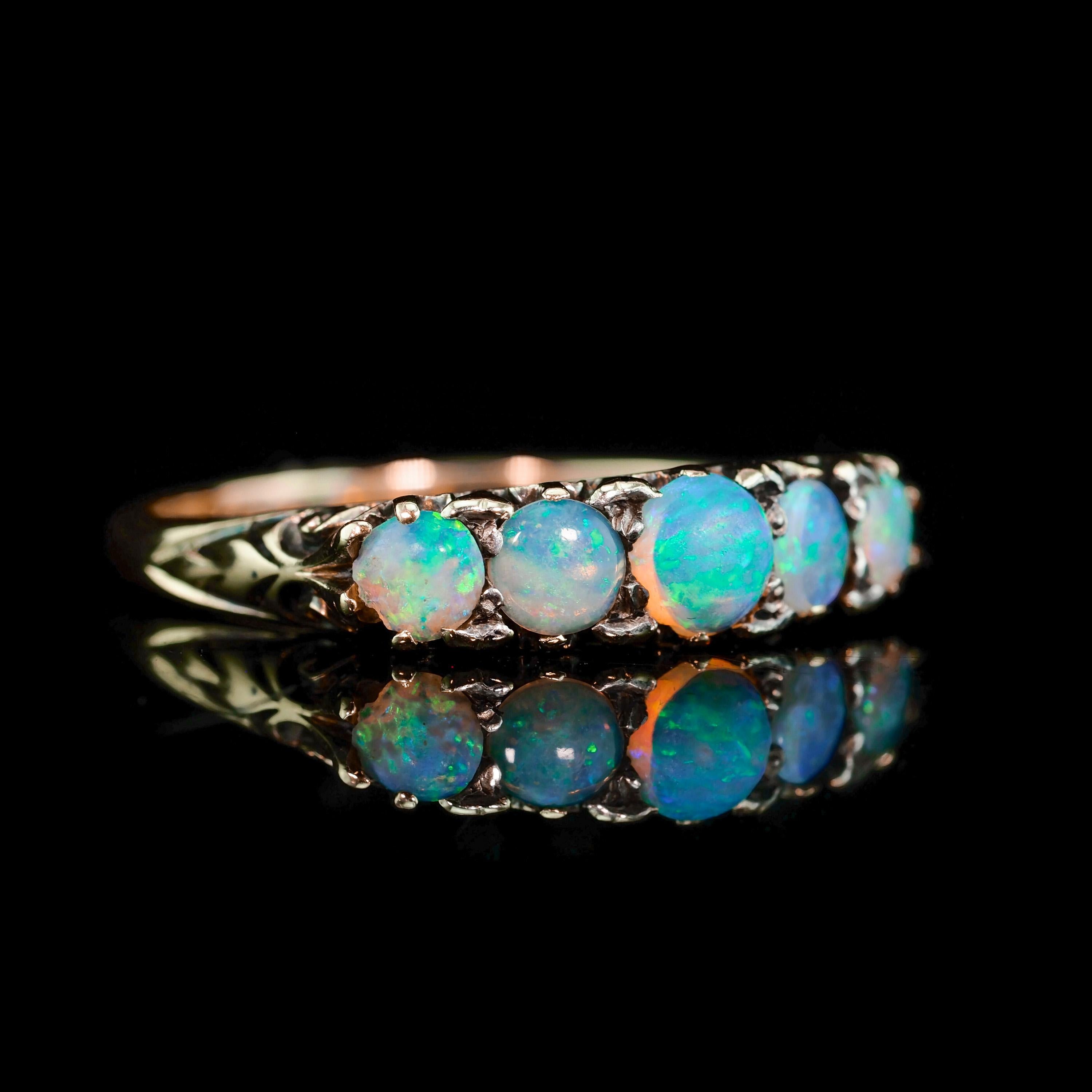 Antique Opal 14K Gold Ring with 5 Cabochons & Fleur-de-lis - Victorian c.1890 3