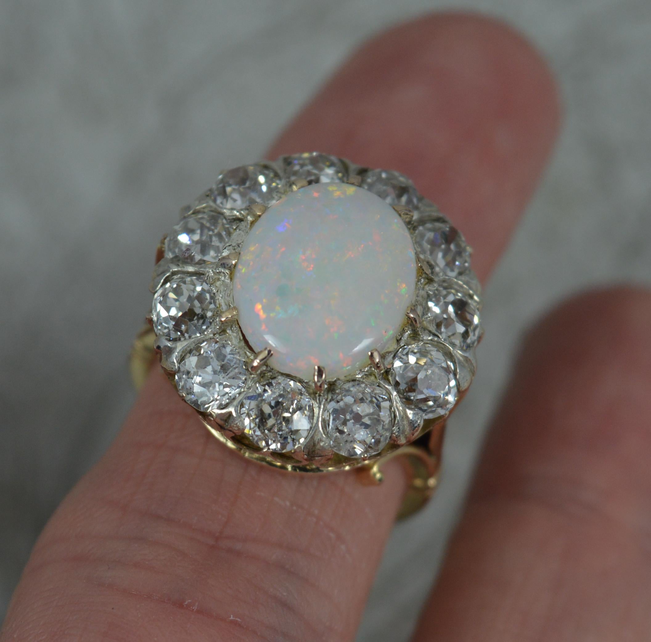 Antique Opal and 3ct Old Cut Diamond 18ct Gold Cluster Cocktail Ring For Sale 4