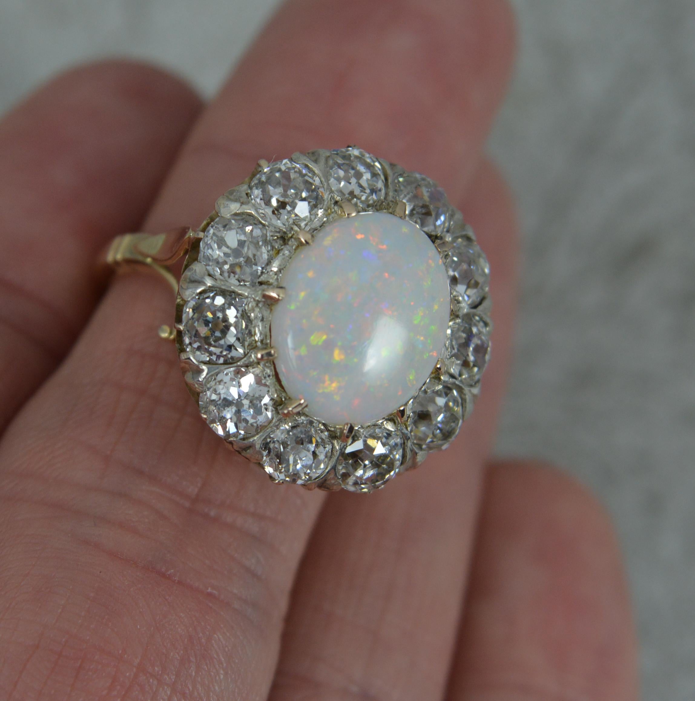 Antique Opal and 3ct Old Cut Diamond 18ct Gold Cluster Cocktail Ring For Sale 5