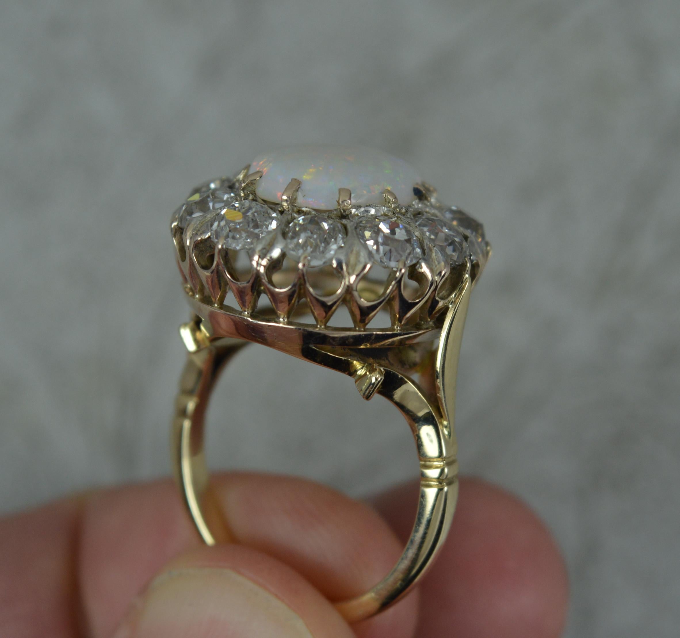 Antique Opal and 3ct Old Cut Diamond 18ct Gold Cluster Cocktail Ring For Sale 6