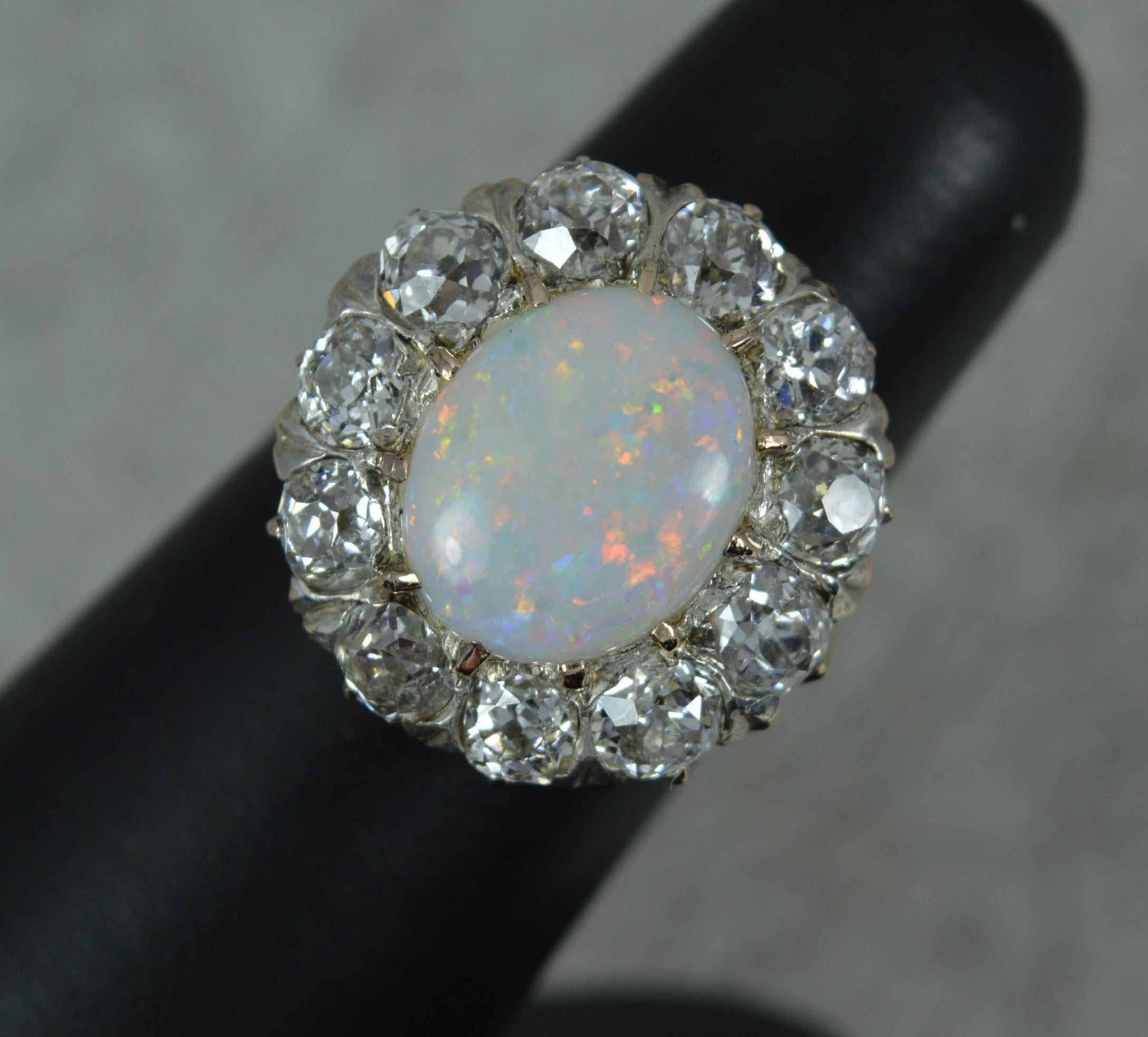 Antique Opal and 3ct Old Cut Diamond 18ct Gold Cluster Cocktail Ring For Sale 10