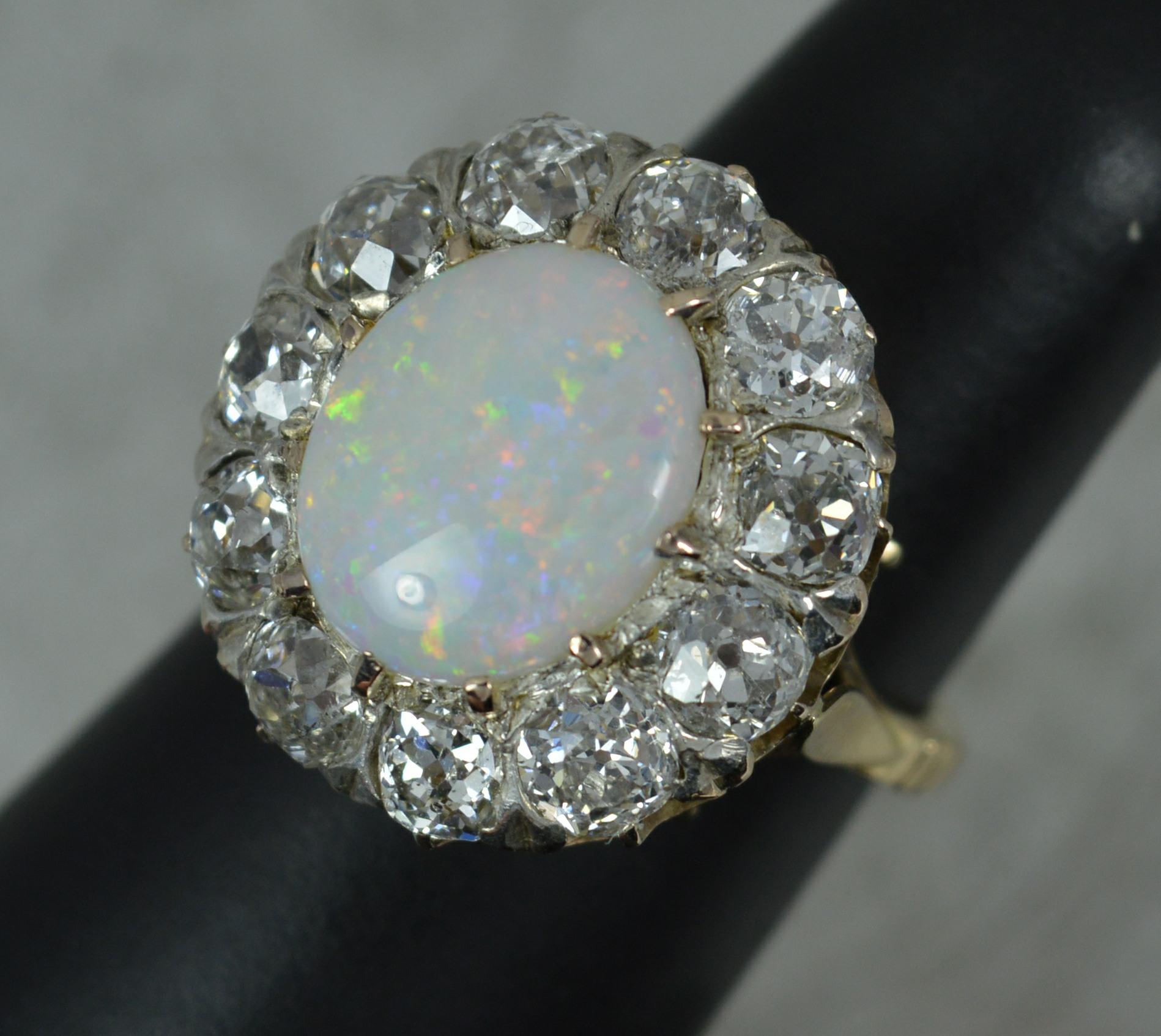 Antique Opal and 3ct Old Cut Diamond 18ct Gold Cluster Cocktail Ring For Sale 11
