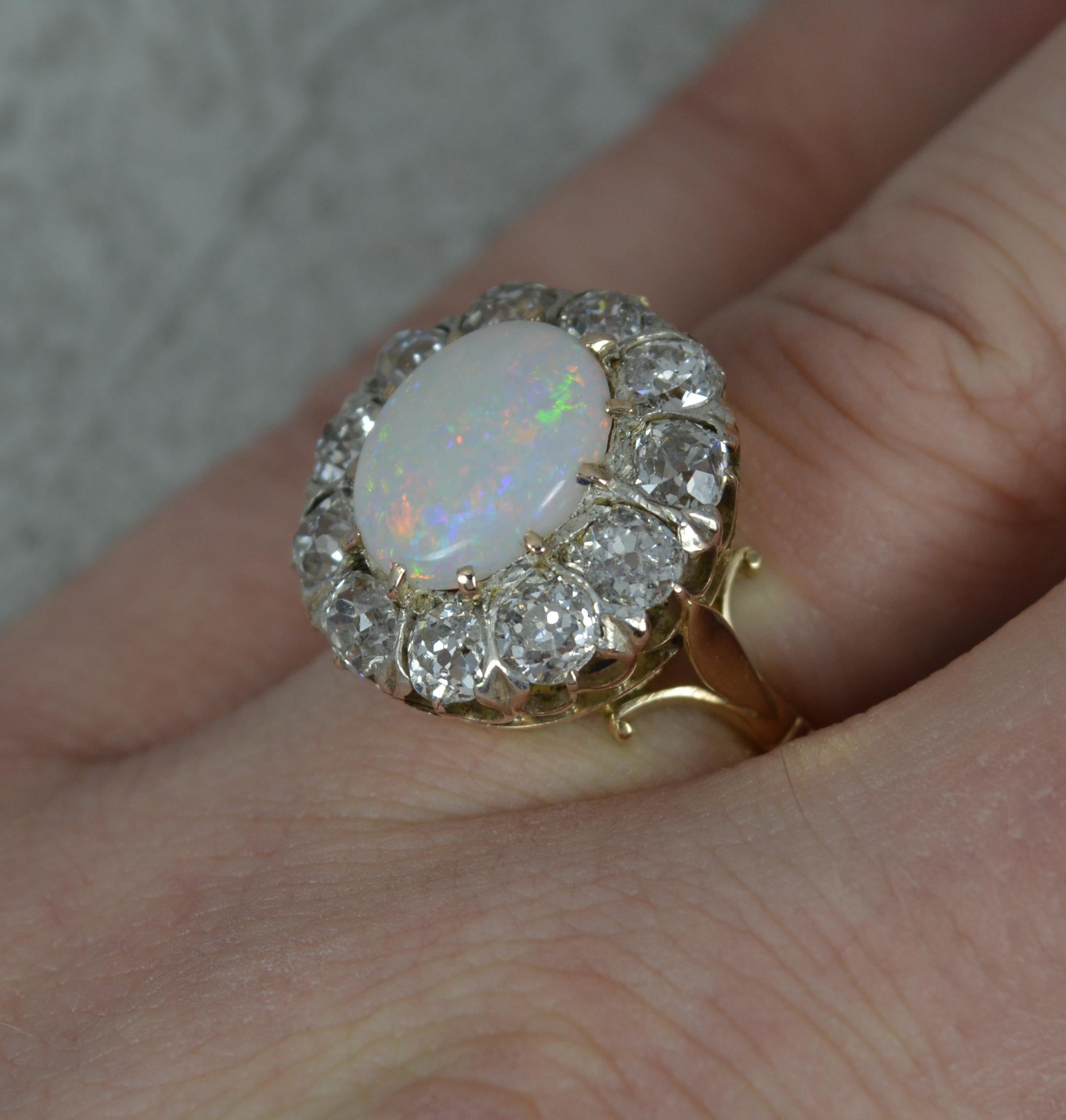 Victorian Antique Opal and 3ct Old Cut Diamond 18ct Gold Cluster Cocktail Ring For Sale