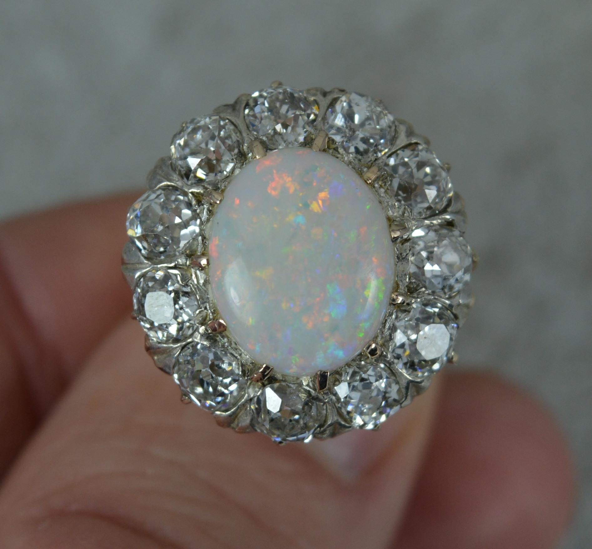 Antique Opal and 3ct Old Cut Diamond 18ct Gold Cluster Cocktail Ring In Excellent Condition For Sale In St Helens, GB