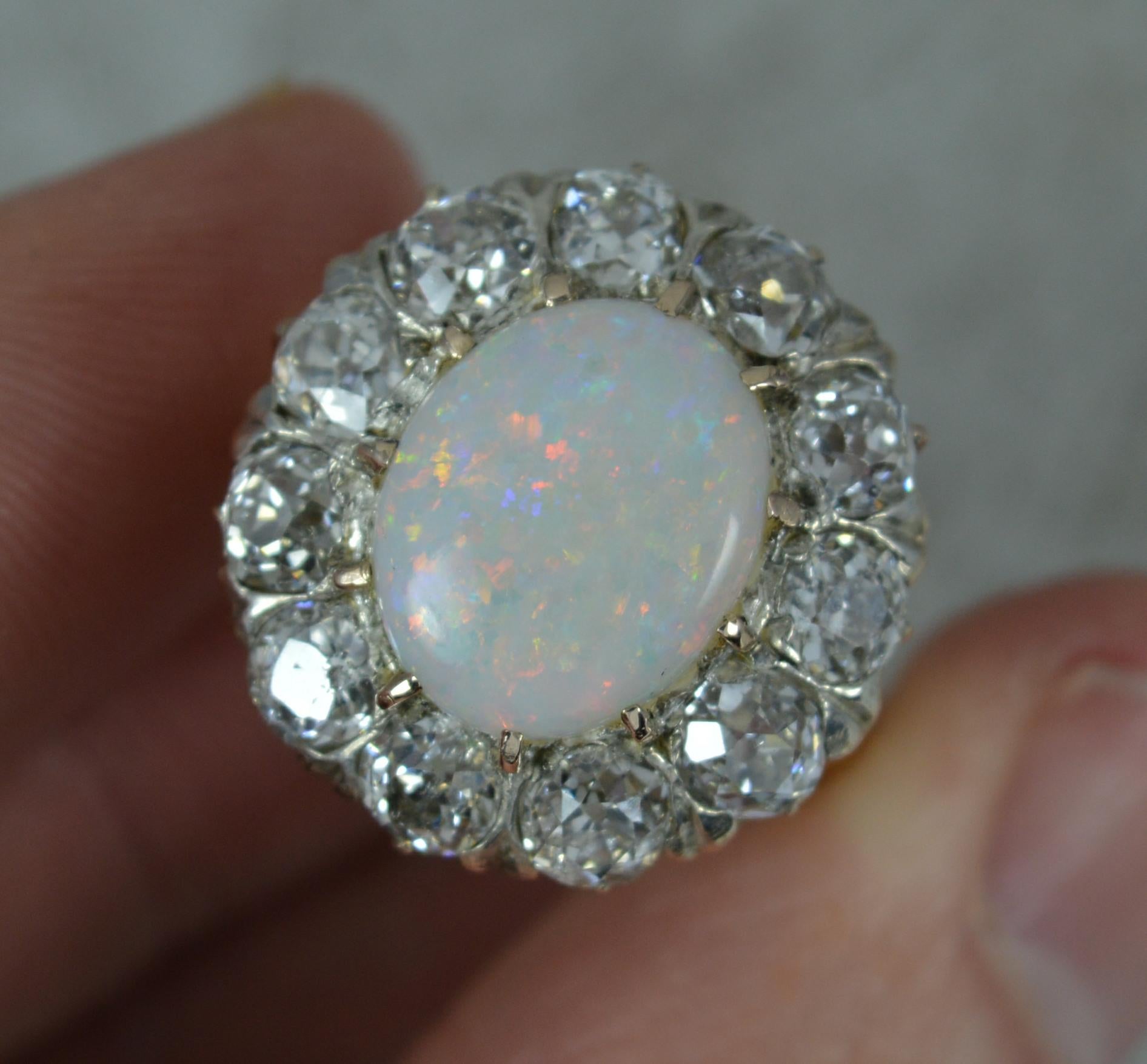 Women's Antique Opal and 3ct Old Cut Diamond 18ct Gold Cluster Cocktail Ring For Sale