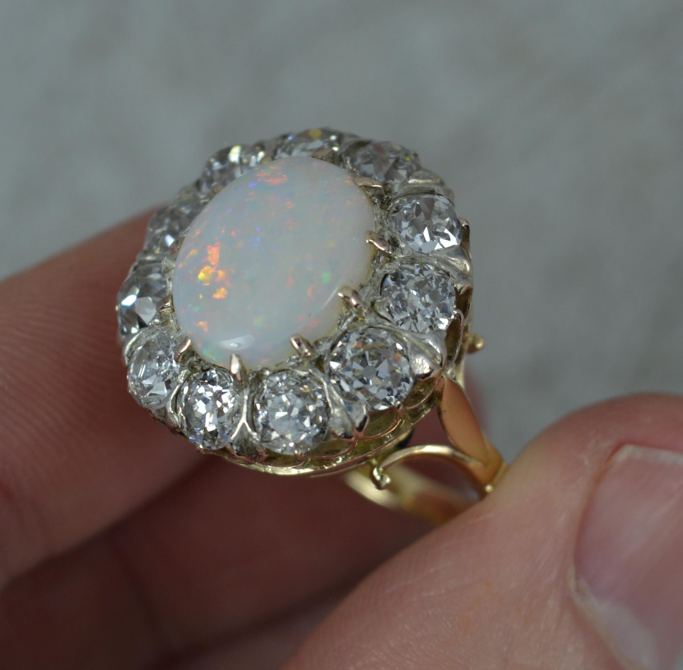 Antique Opal and 3ct Old Cut Diamond 18ct Gold Cluster Cocktail Ring For Sale 1