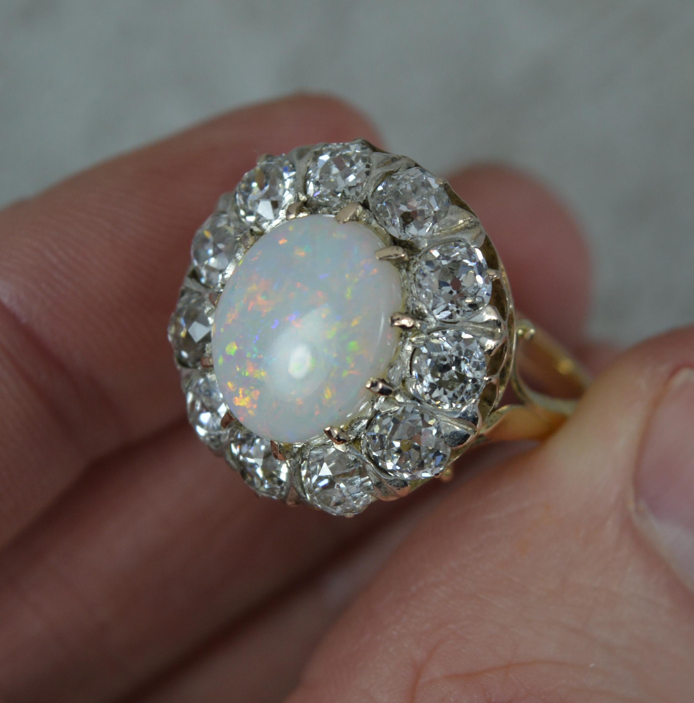 Antique Opal and 3ct Old Cut Diamond 18ct Gold Cluster Cocktail Ring For Sale 2