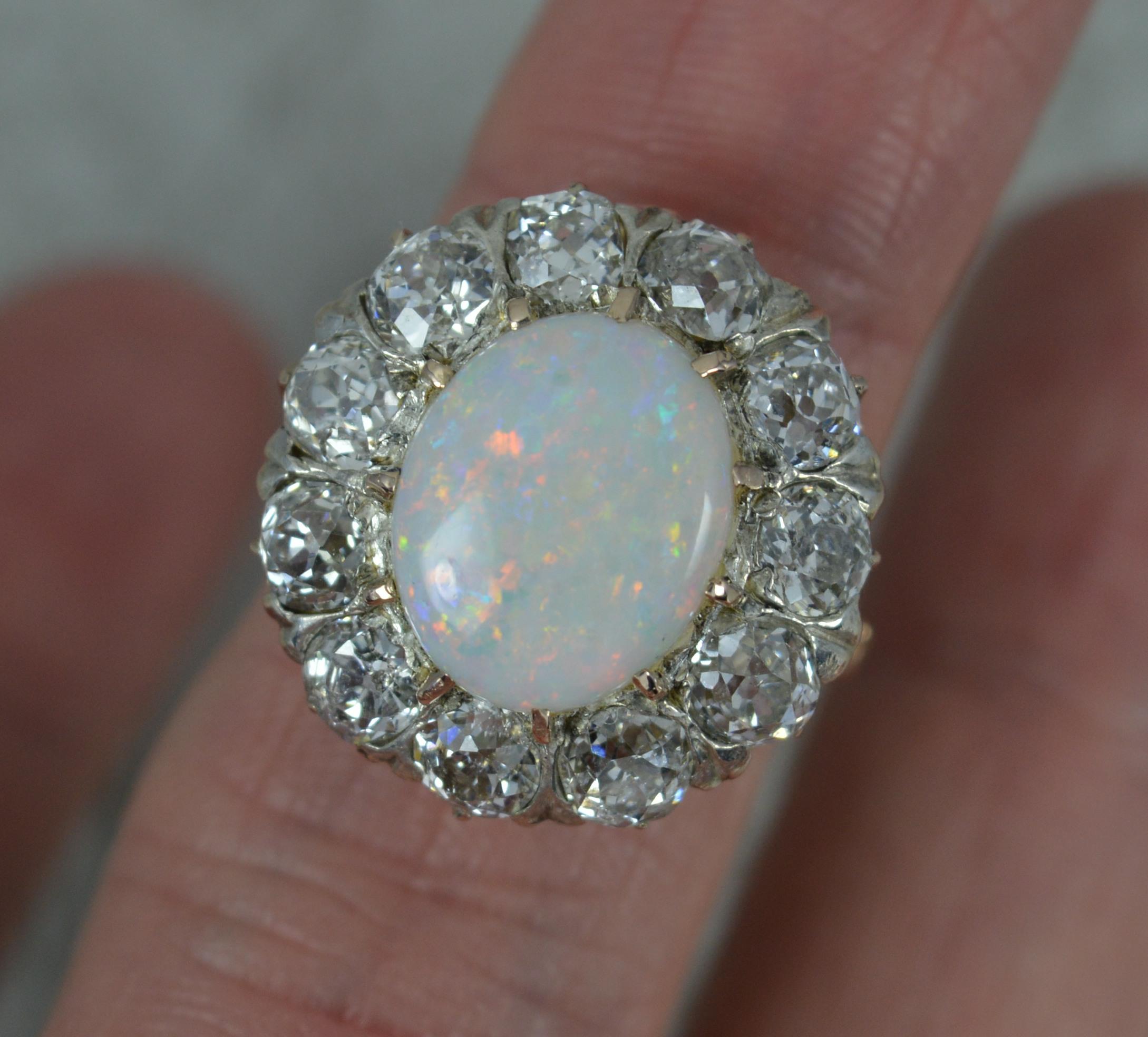 Antique Opal and 3ct Old Cut Diamond 18ct Gold Cluster Cocktail Ring For Sale 3