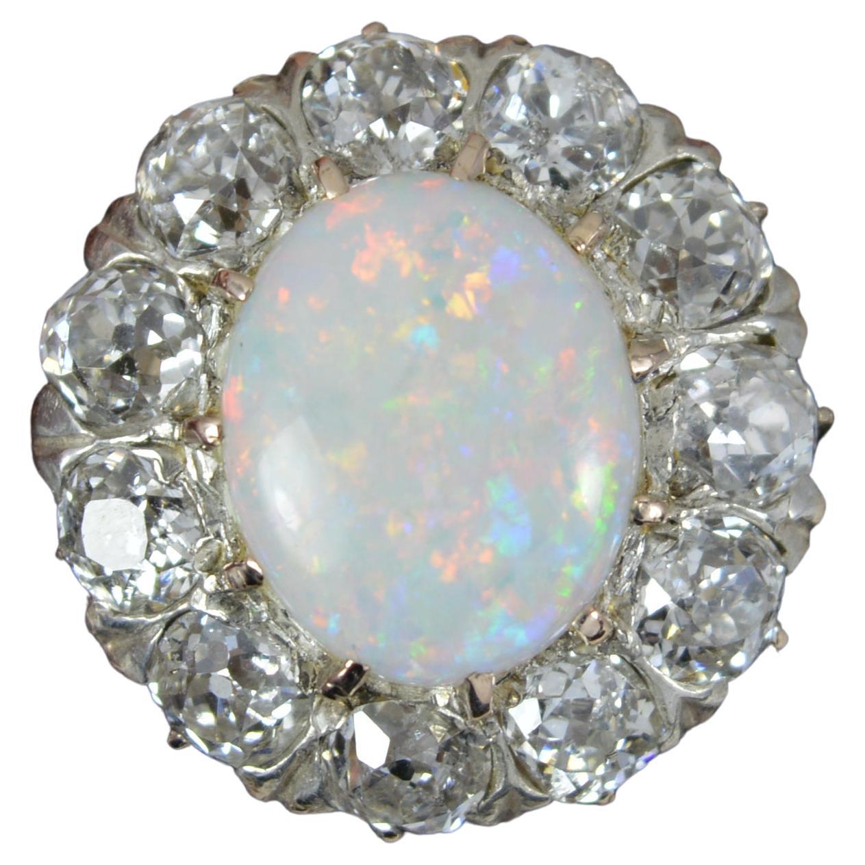 Antique Opal and 3ct Old Cut Diamond 18ct Gold Cluster Cocktail Ring