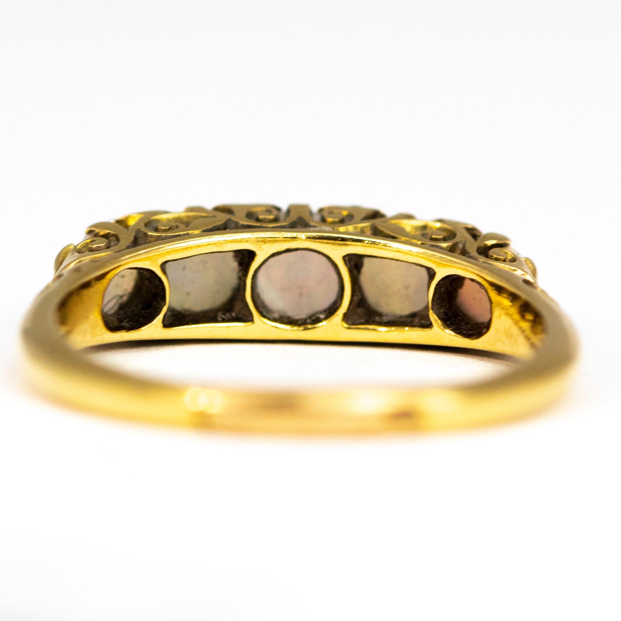 Edwardian Antique Opal and Diamond 18 Carat Gold Five-Stone Ring