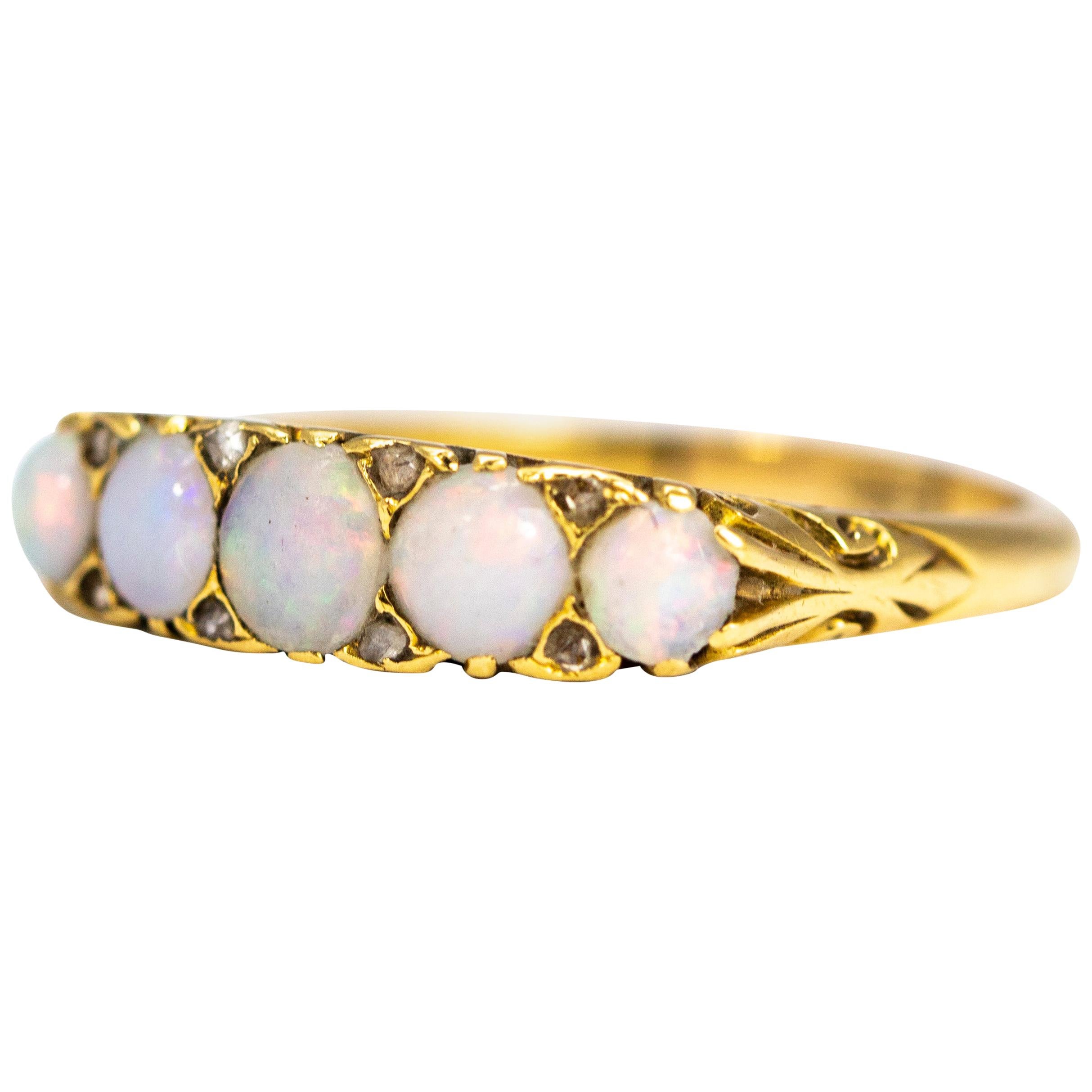 Antique Opal and Diamond 18 Carat Gold Five-Stone Ring