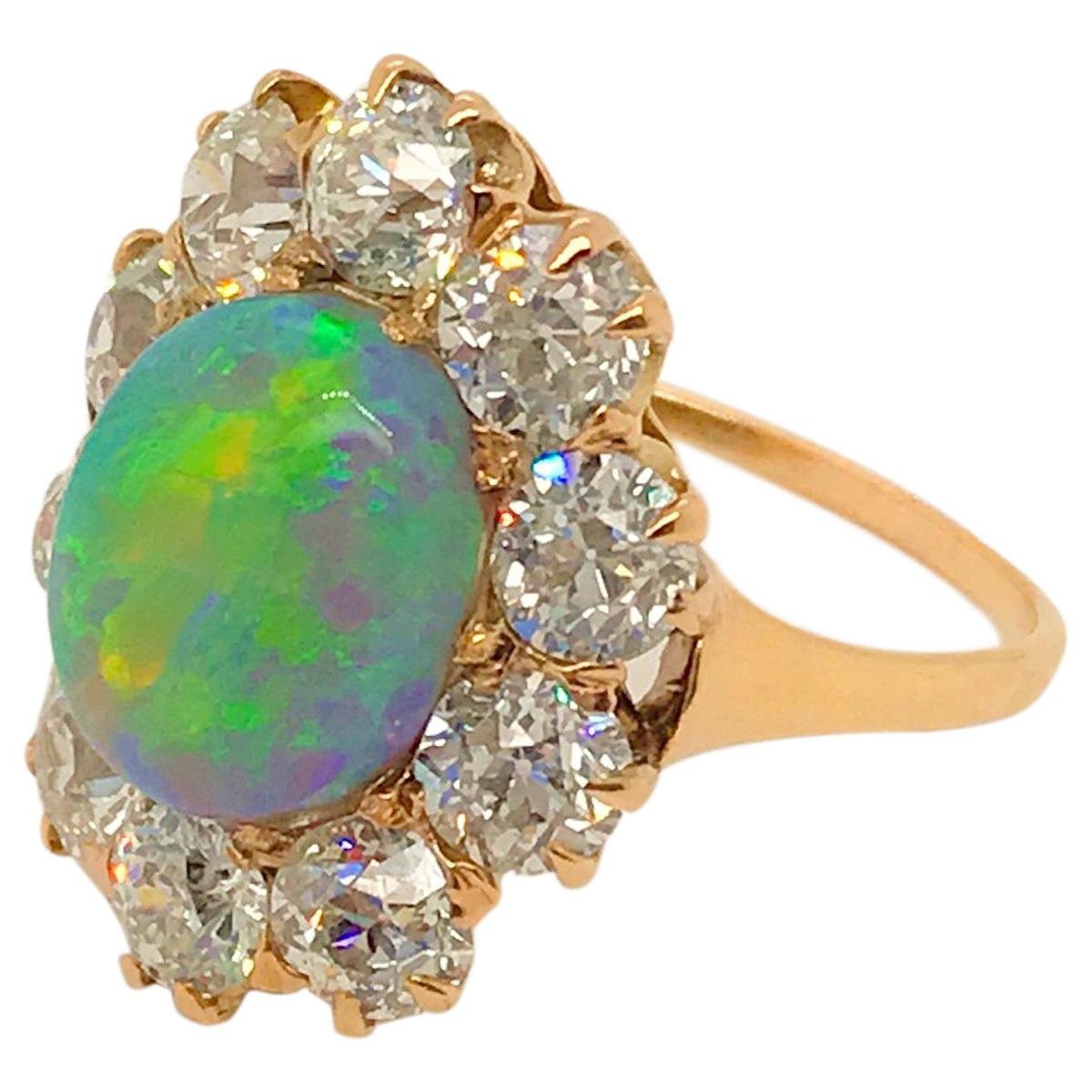 18 Karat Yellow Gold Antique Australian Opal and Diamond Cluster Ring 5