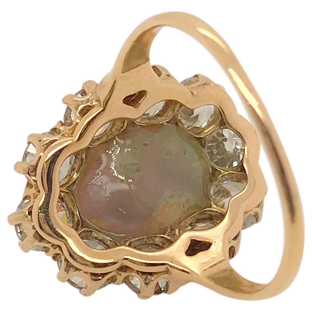18 Karat Yellow Gold Antique Australian Opal and Diamond Cluster Ring 7