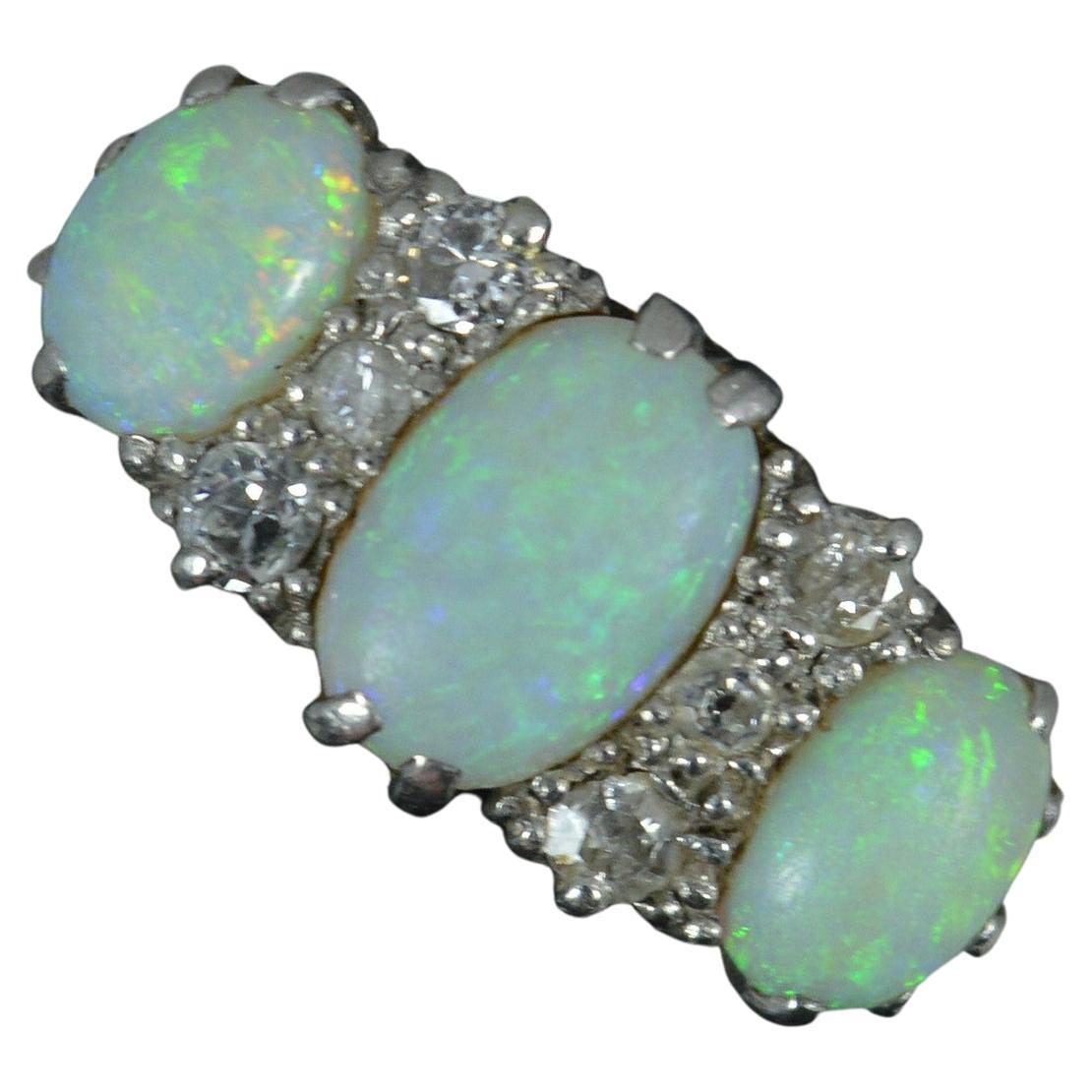 Antique Opal and Diamond 18ct White Gold Cluster Ring