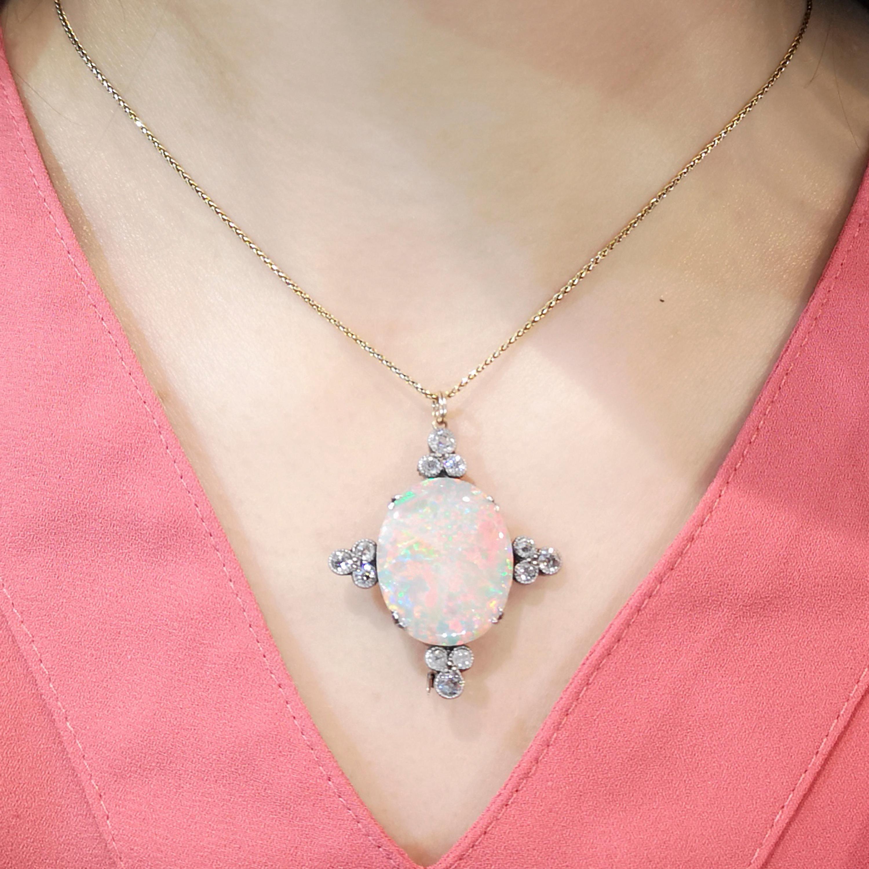Antique Opal and Diamond Brooch-Pendant, Silver Upon Gold, Circa 1900 For Sale 1