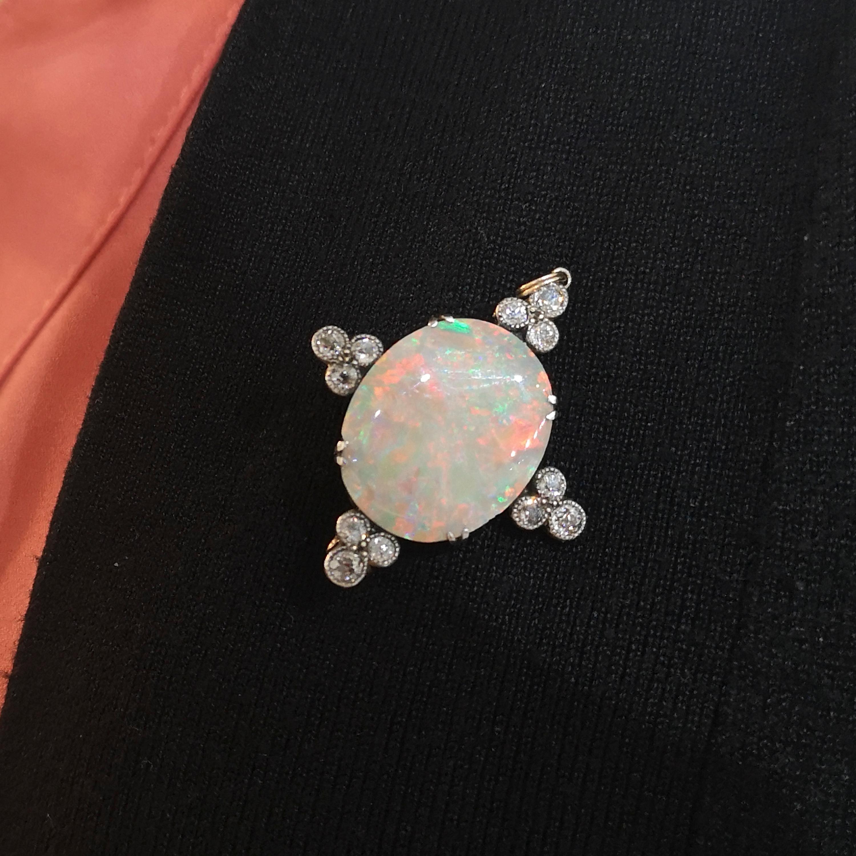 Late Victorian Antique Opal and Diamond Brooch, Silver Upon Gold, Circa 1900 For Sale