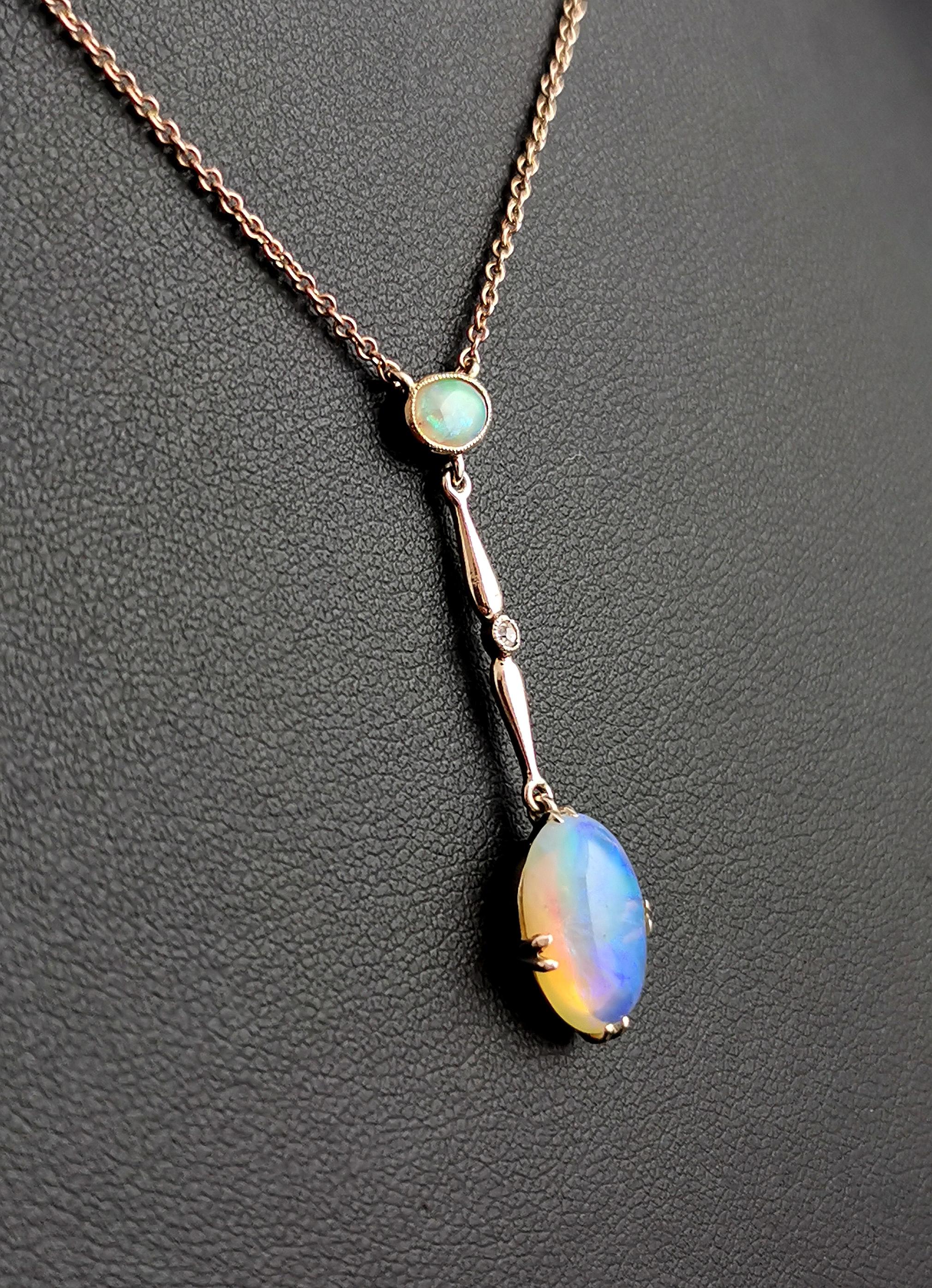 Antique Opal and Diamond drop pendant necklace, 9k yellow gold 2